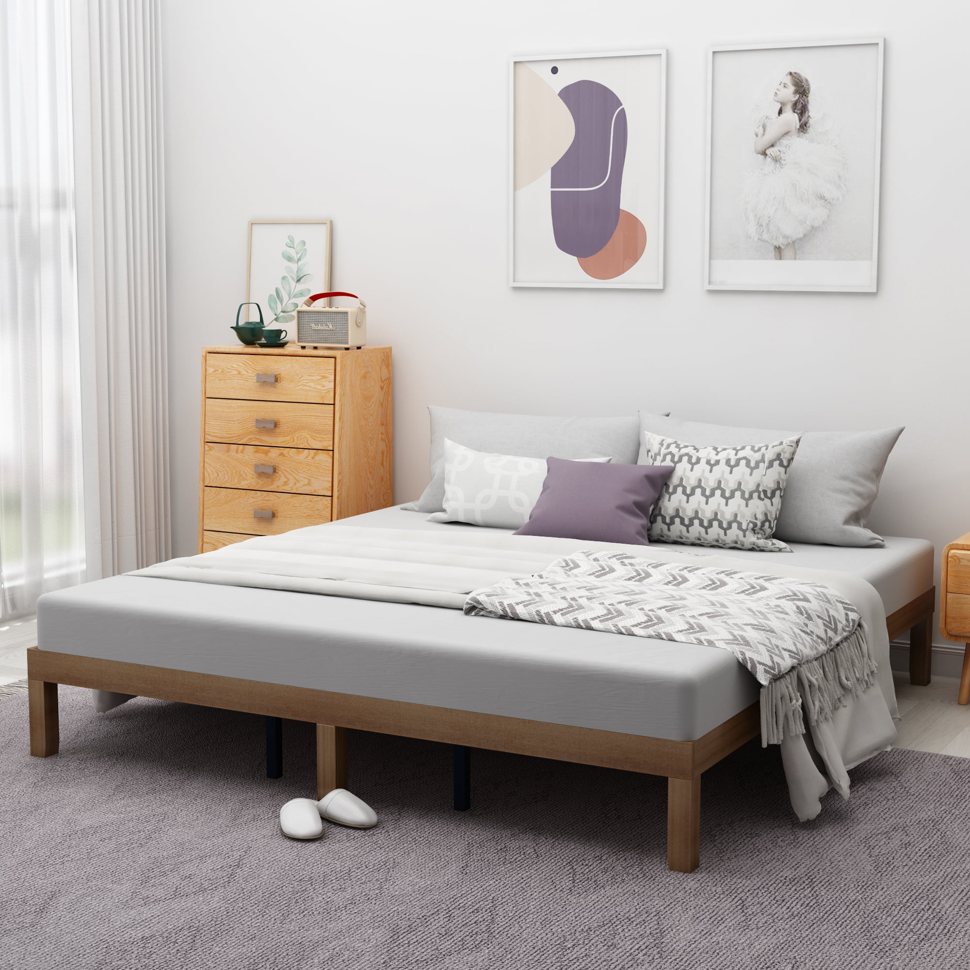 Gewnee King Size Wooden Platform Bed Frame with Wood Slat Support,Brown