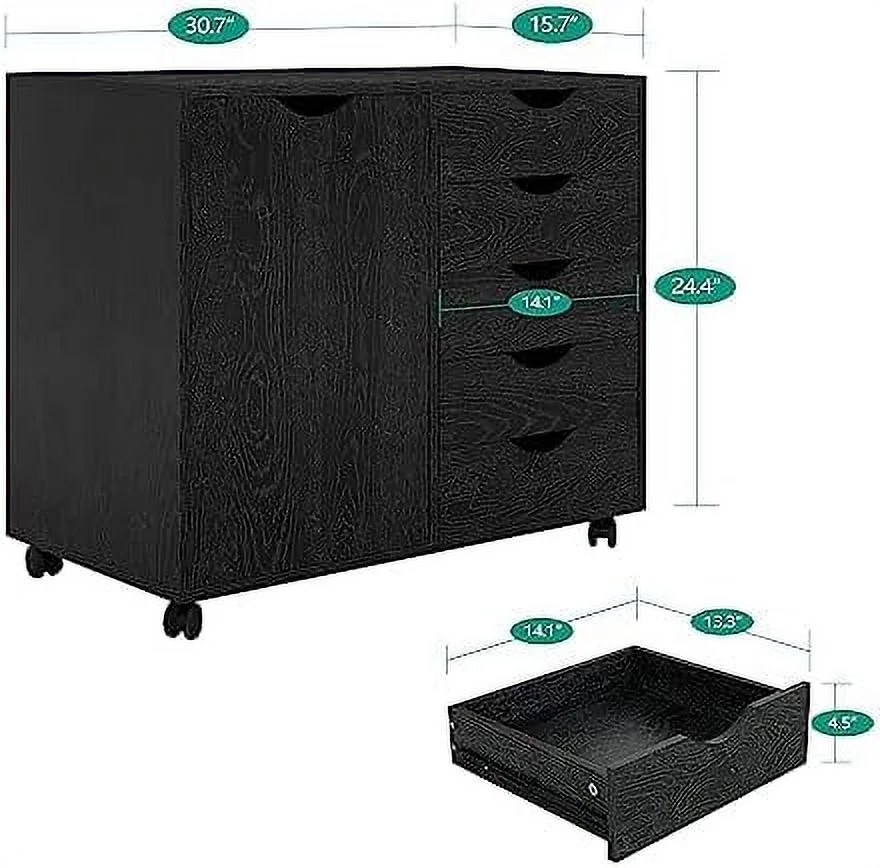 KHBIULIFE Amy 5 Drawer Chest  Wood  Dresser Cabinet with Wheels  Craft  Organization  Makeup Drawer Unit for Closet Bedroom Office File Cabinet 180 lbs Total Capacity - Distressed Black