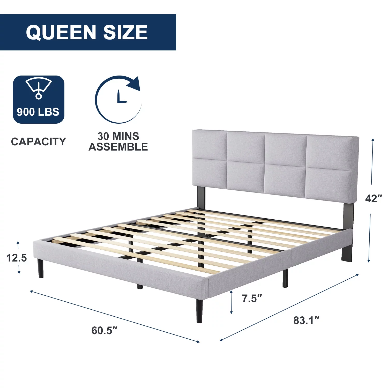 HAIIDE Queen Size bed Frame with Fabric Upholstered Headboard,light Gray, Easy Assembly