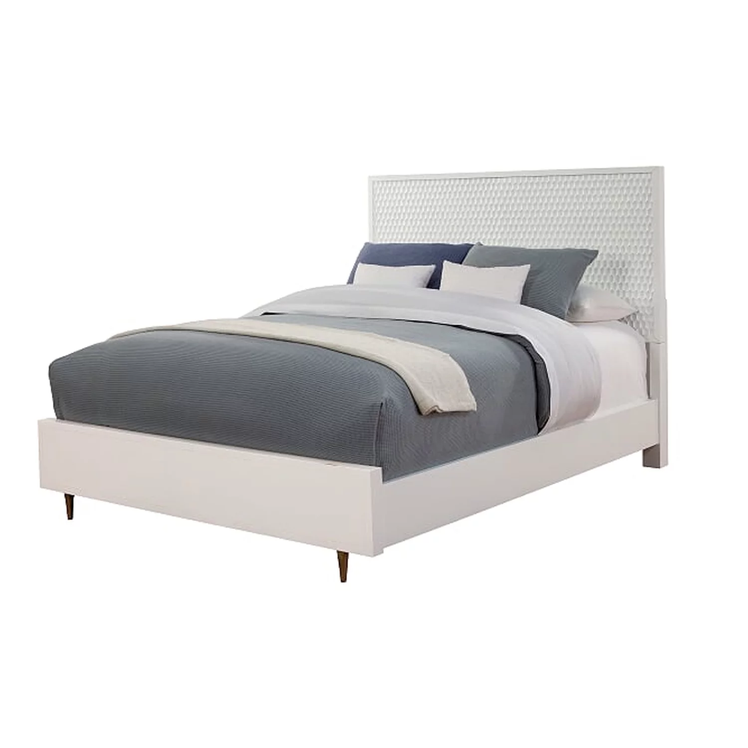 Benjara Wooden Queen Size Bed with Honeycomb Design High Headboard, White