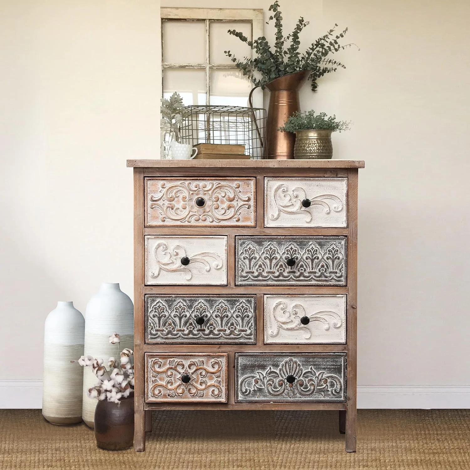 Rustic Carved Wood 8-Drawer Chest, Accent Handmade-Dressers, Distressed End Table With Metal Handle, Nightstand For Living Room, Bedroom, Hallway, 26 Inch, White/Gray