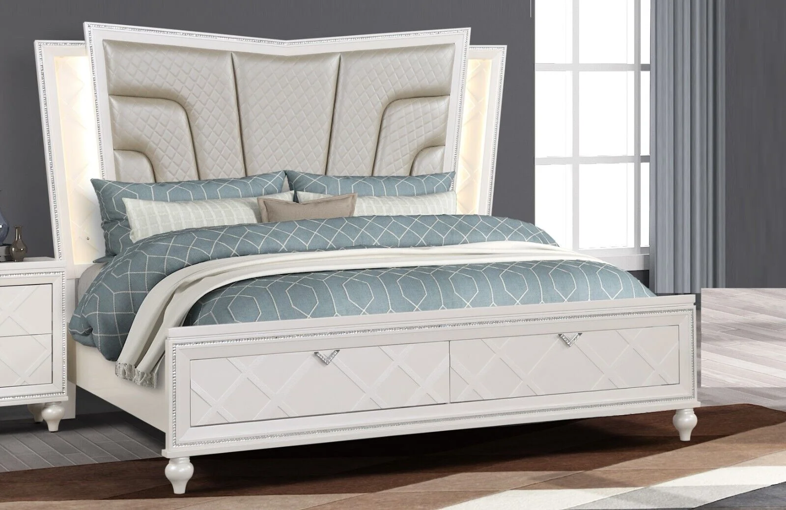 Modern 3pc Luxury Silver King Size Storage LED Headboard Bed Chest Nightstand Bedroom Furniture