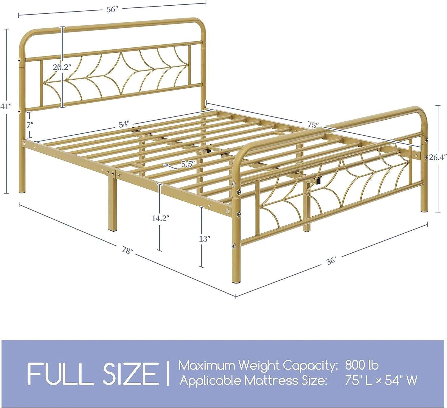 ONESIX Full Size Bed Frame Metal Platform Bed with Sparkling Star-Inspired Design Headboard, 13 Inch Underbed Storage, Easy Assembly, Antique Gold