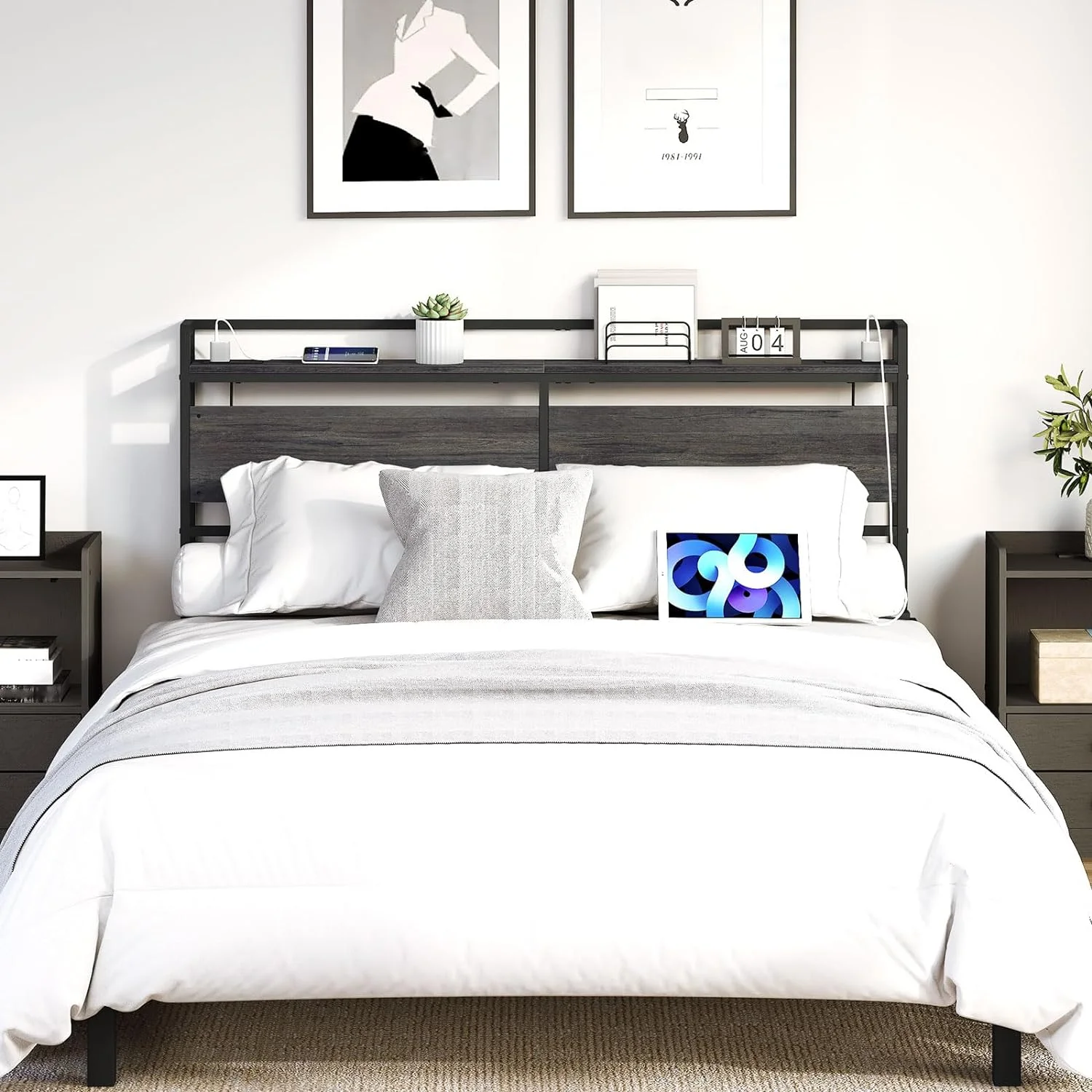 WAGEE Queen Size Headboard, Headboard with 2 Outlets and 4 USB Ports, Adjustable Height, Storage Rack, Sturdy and Stable, Easy Assembly, Charcoal Gray and Black