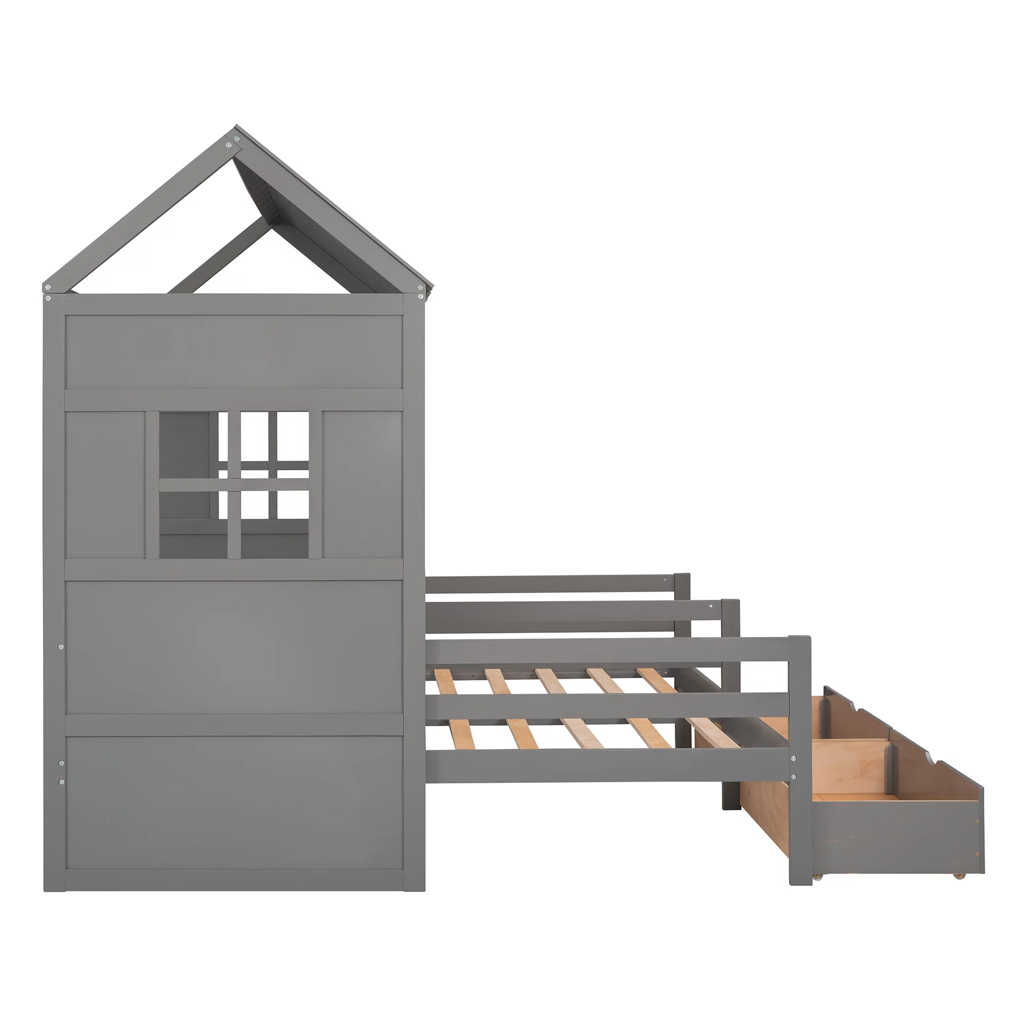 ikayaa Twin Twin House Bed with 2 Drawers, Gray