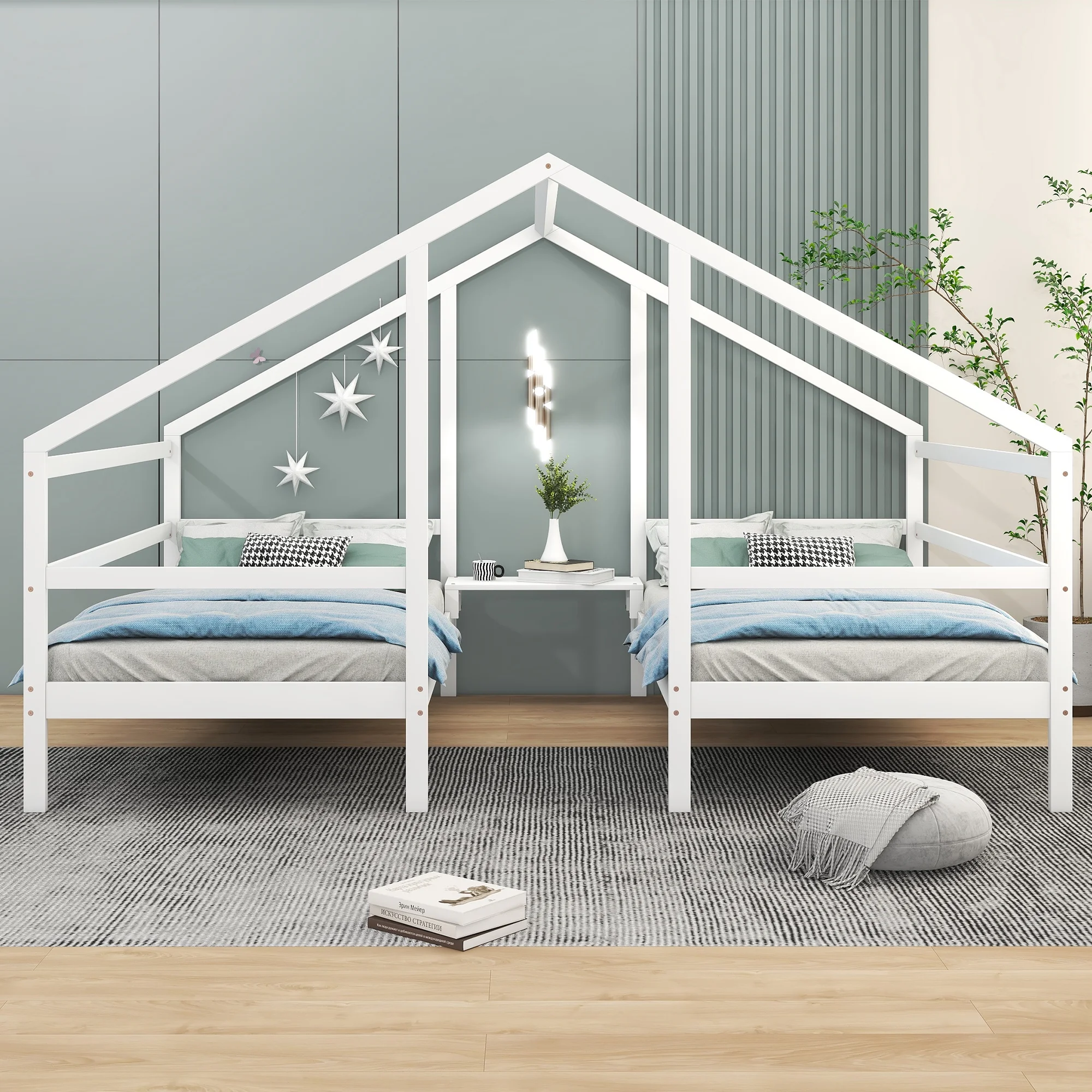 Euroco Wood Twin House Two Beds in One with Movable Desk for Kids Bedroom, White