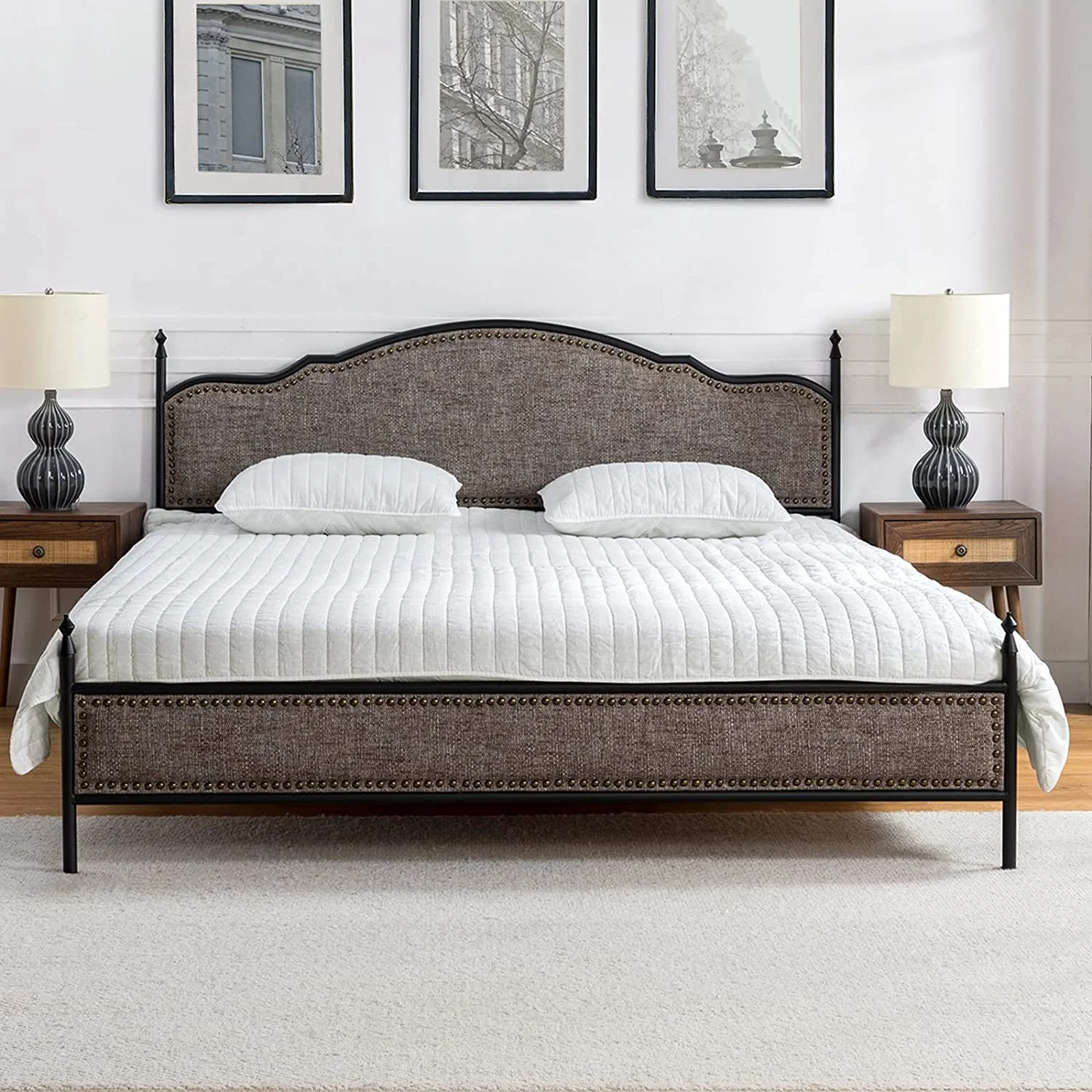 HOME Metal Platform Bed Frame King Size with Upholstered Headboard Footboard/Wood Slat Support/No Box Spring Needed/Easy Assembly  Brown