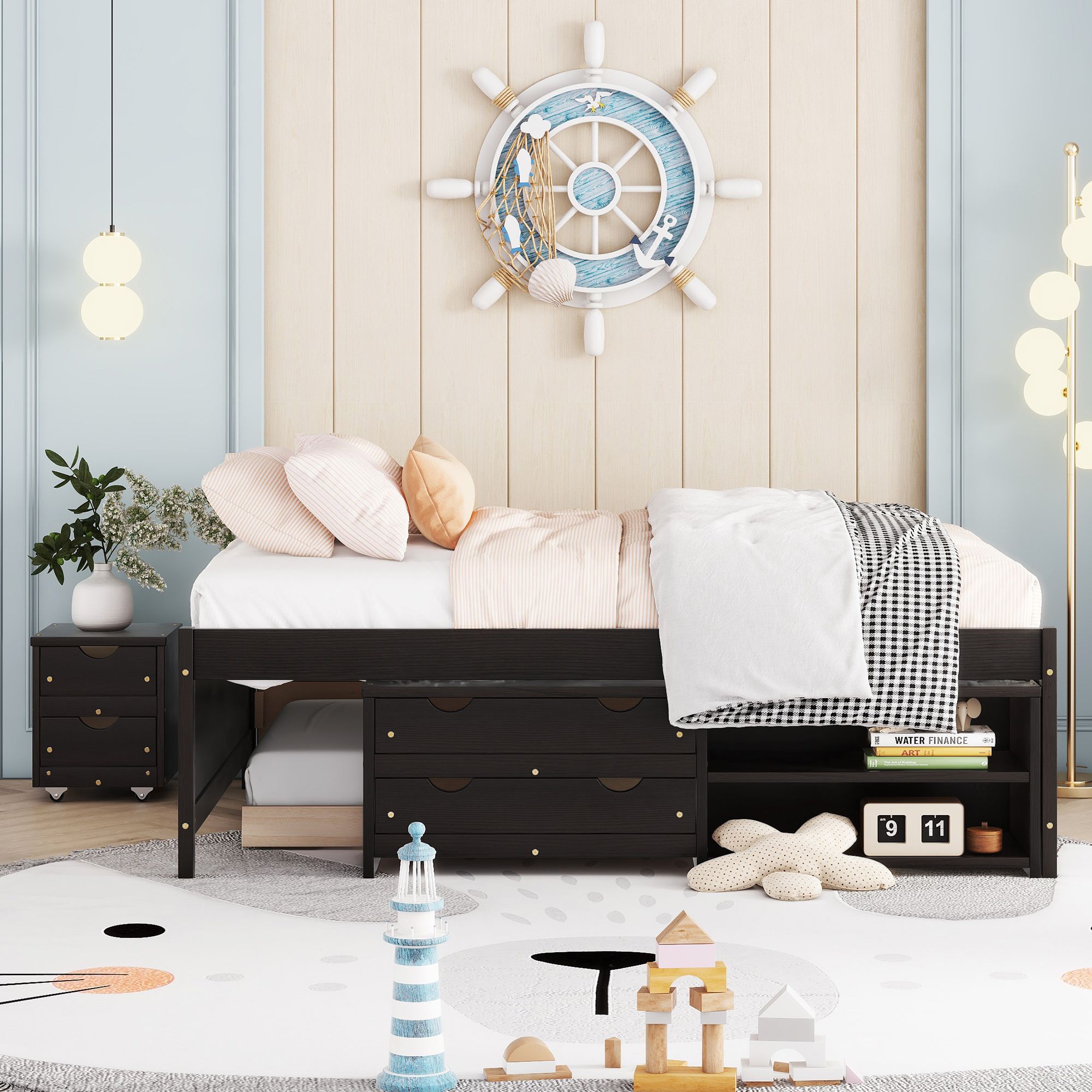 Versatile Full Size Solid Wood Bed Frame with Trundle,Under bed Storage Box and Nightstand, Platform Bed Frame, Mid Century Bedframe, Wood Foundation(Espresso, Full)