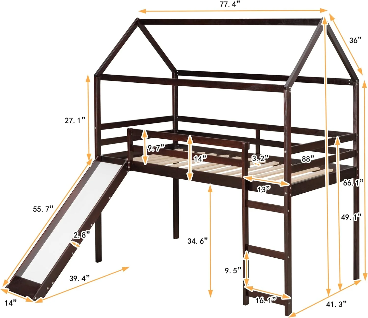Full Size Loft Bed With Slide, Kids House Bed With Slide, Solid Wood Bed Frame For Girls & Boys, Gray