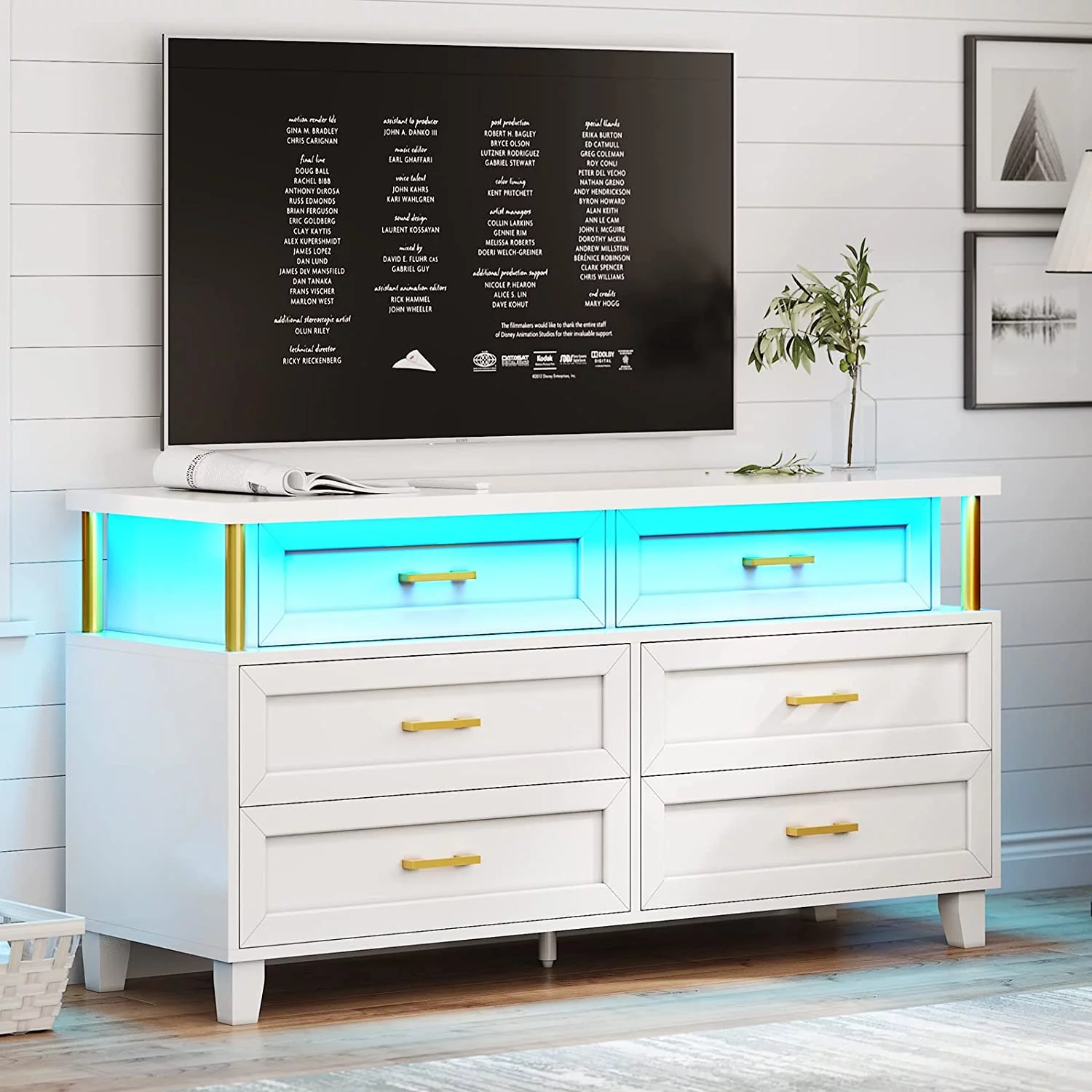 Afuhokles 6 Drawer Dresser for Bedroom, Modern Chest of Drawers, Wood Dresser with LED Light, White