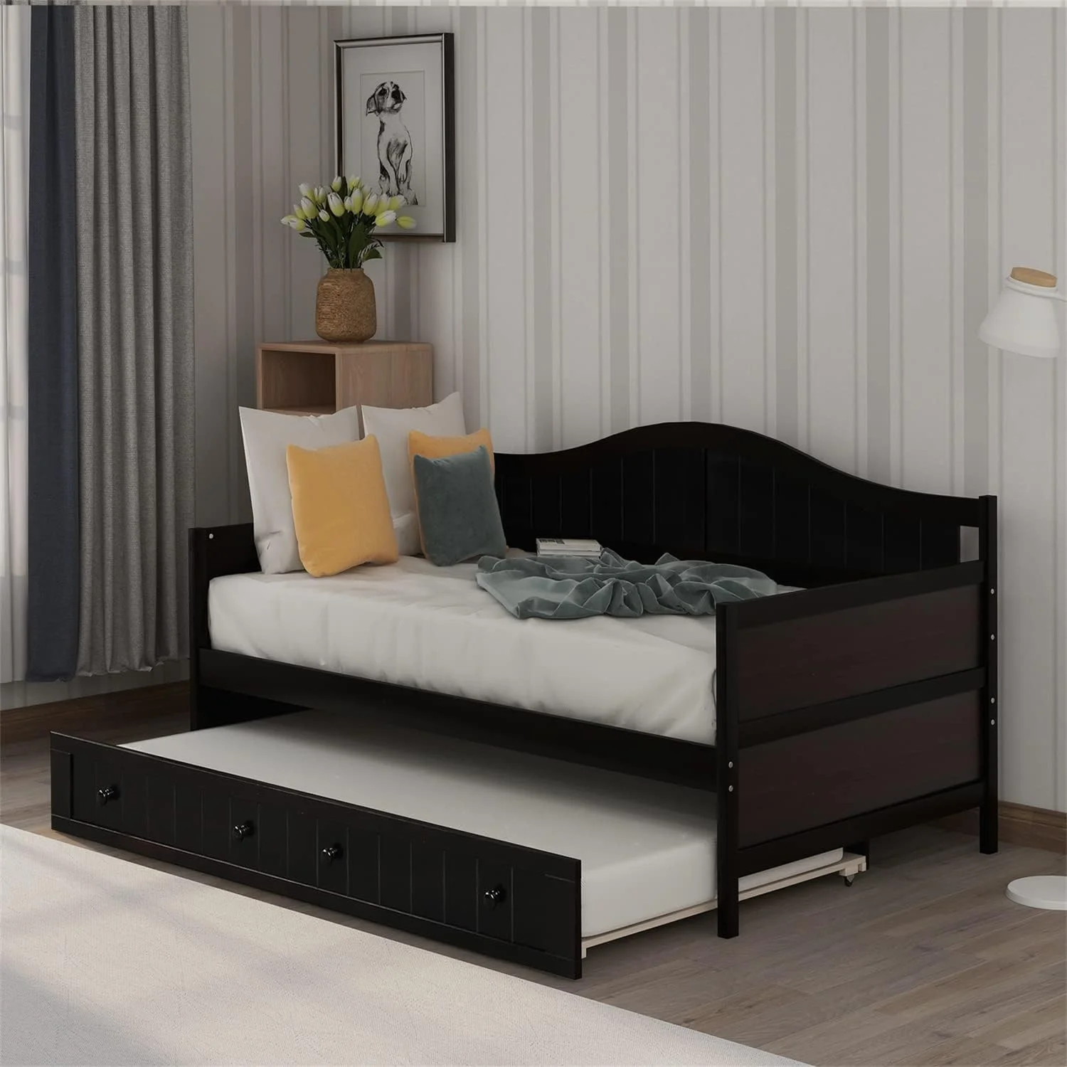 Daybed With Trundle Wood Day Bed Frame For Living Room Bedroom Dual-Use Sofa Beds For Kids Guests Sleepovers, Size, Espresso