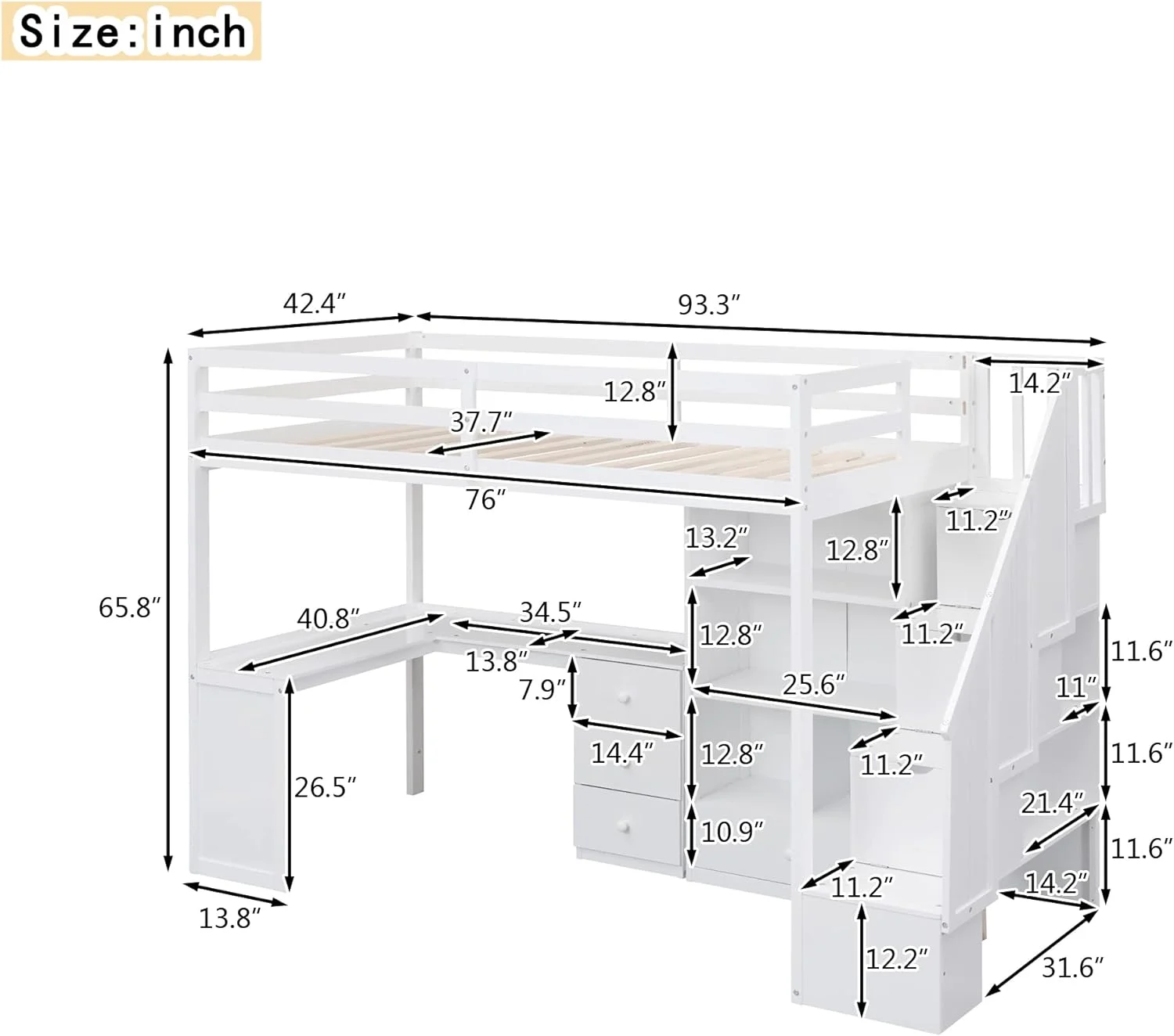 Size Loft Bed With Stairs Ad L-Shaped Desk, Wood Loft Bed With Storage Drawers Ad Cabiet, Loft Bed With Guardrails For Kids Girls Boys, White