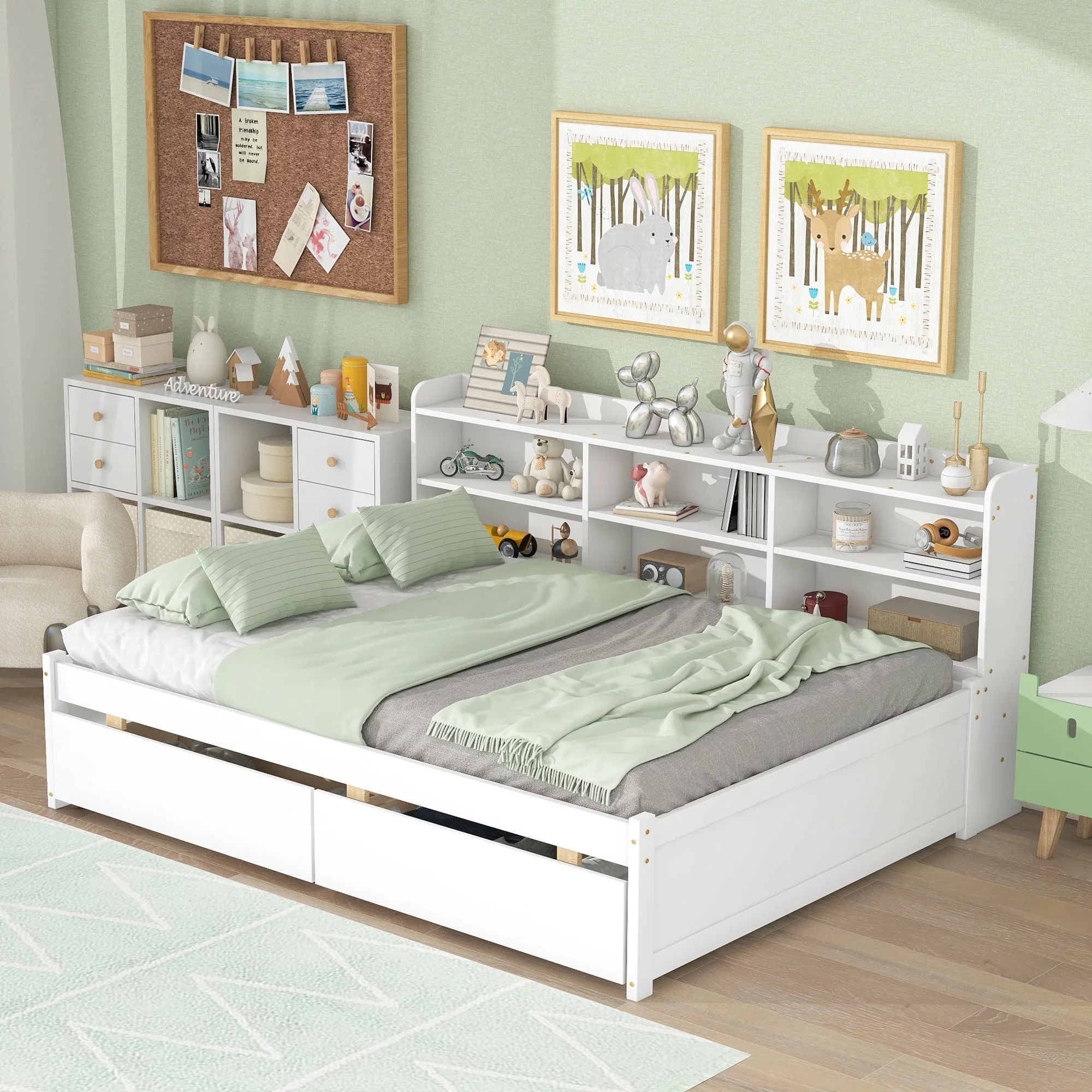 Pouseayar Full Size Platform Bed with Bookcase & Drawers for Kids Boys Girls, White
