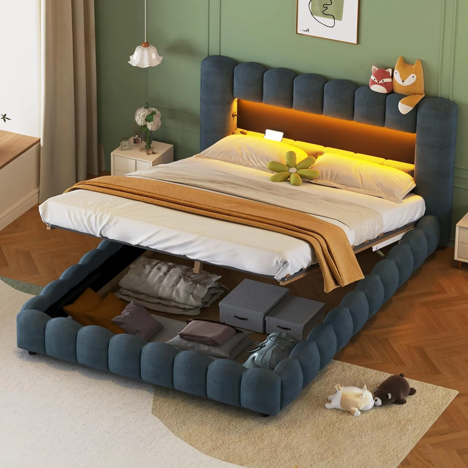 Quee Size Upholstered Lie Fraic Platform Bed With LED Headboard Ad USB,Quee Lift Up Storage Bed Frame For Bedroom,Deep Blue