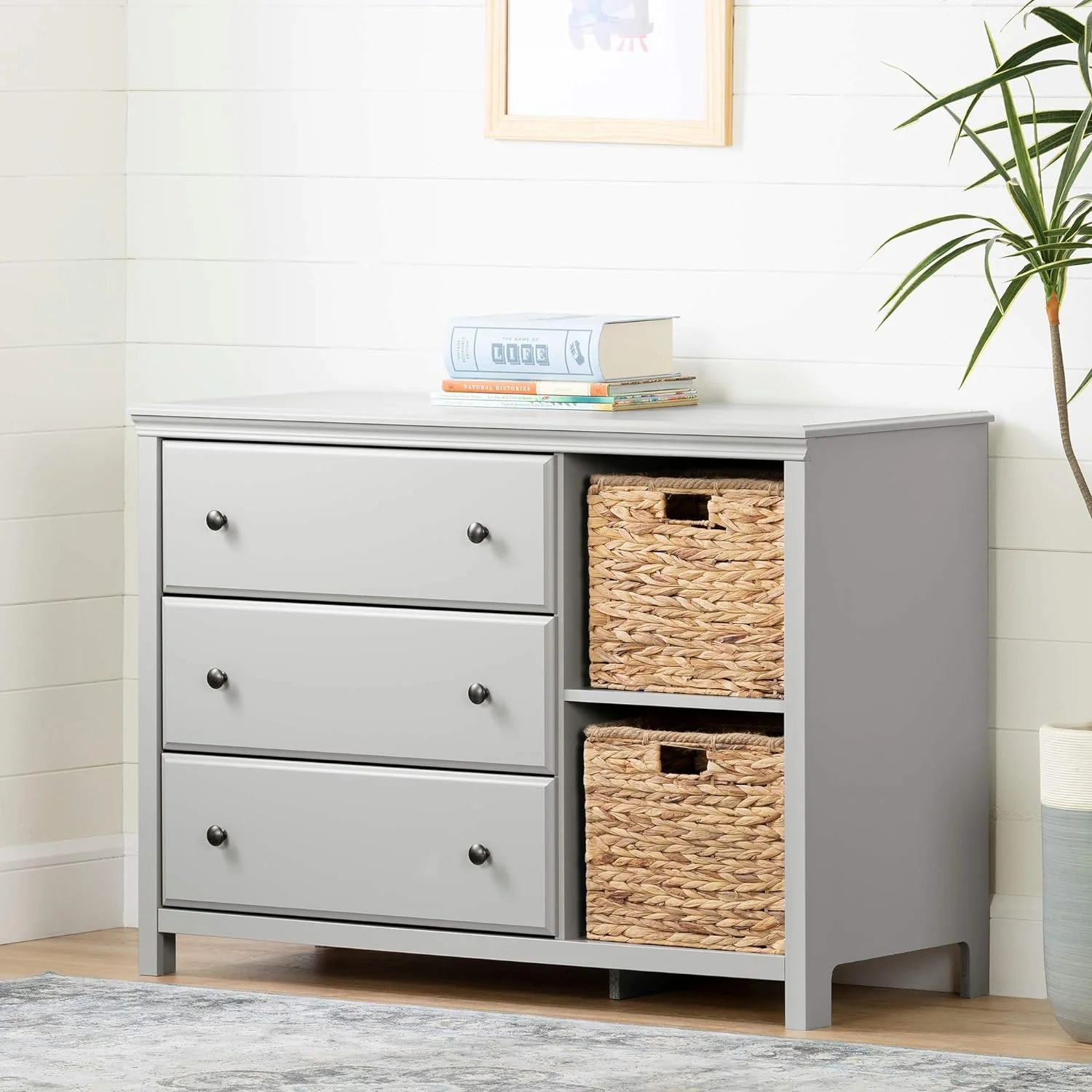 Cotton Candy 3-Drawer Dresser With Baskets, Soft Gray