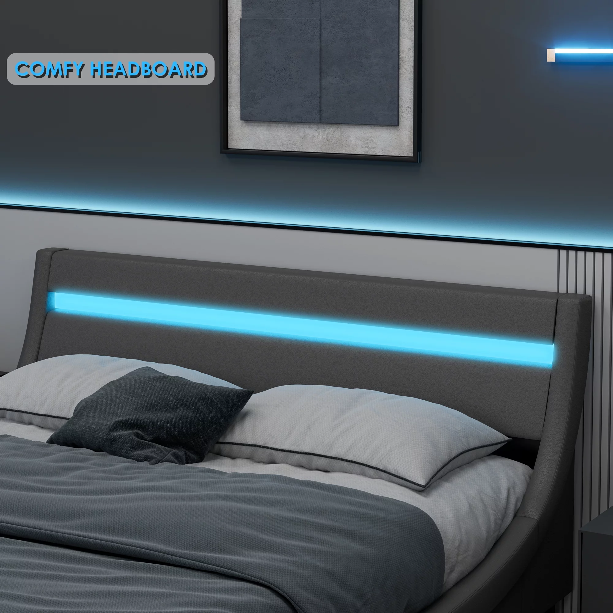 Homfa Queen Size Led Bed Frame, 16-Color Led Lights Platform Bed with Adjustable Upholstered Headboard, Gray