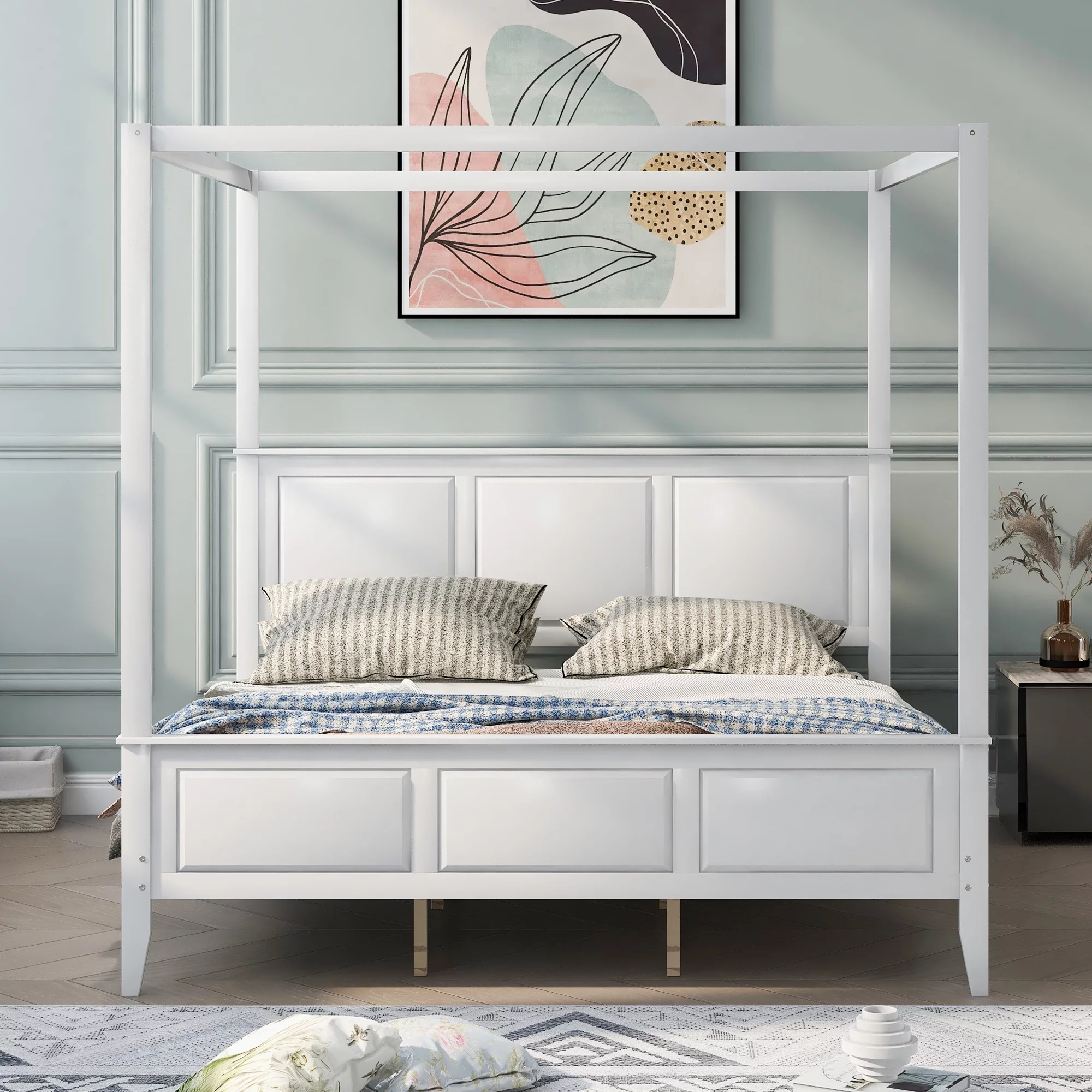 King Size Canopy Platform Bed with Headboard and Footboard,With Slat Support Leg，White