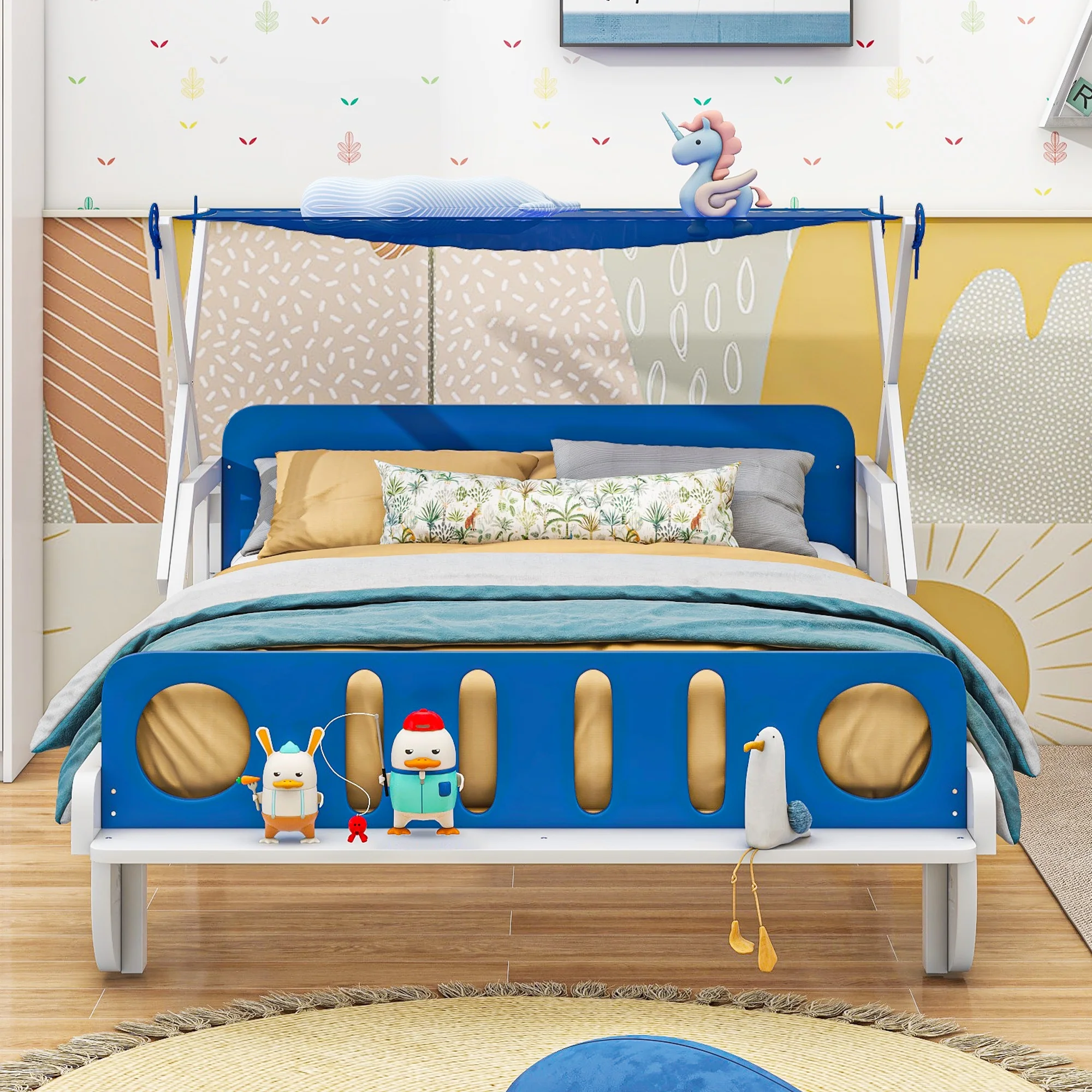 CoSoTower Wood Twin Size Car Bed with Ceiling Cloth, Headboard and Footboard, White+Blue