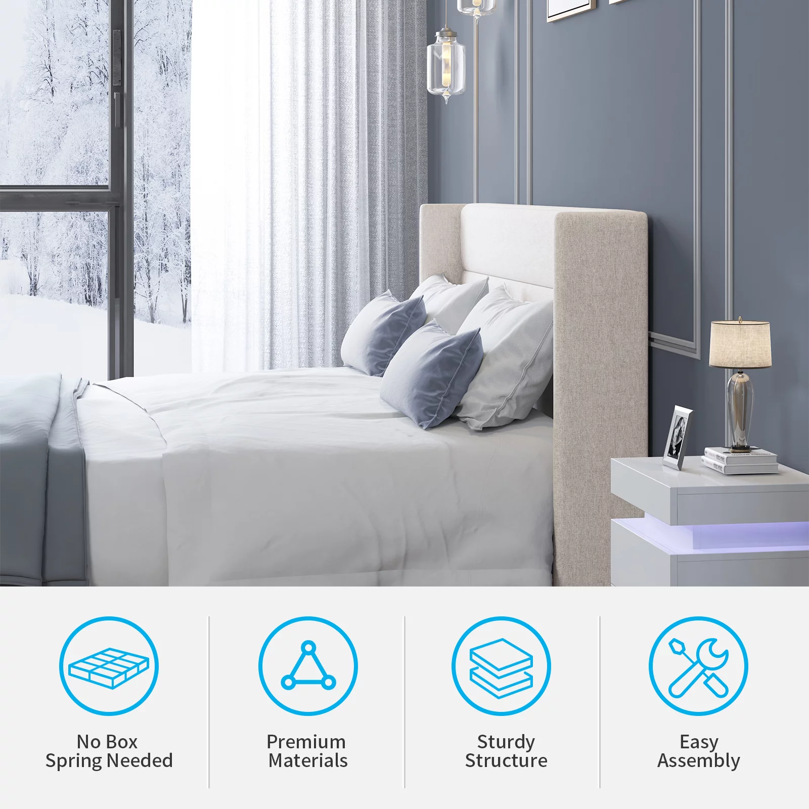 Mjkone King Platform Bed Frame, King Size Bed Frames with Headboard, Modern Bed Frame Has Wooden Slat Support, No Box Spring Needed/Easy Assembly/No Mattress (King, Beige)