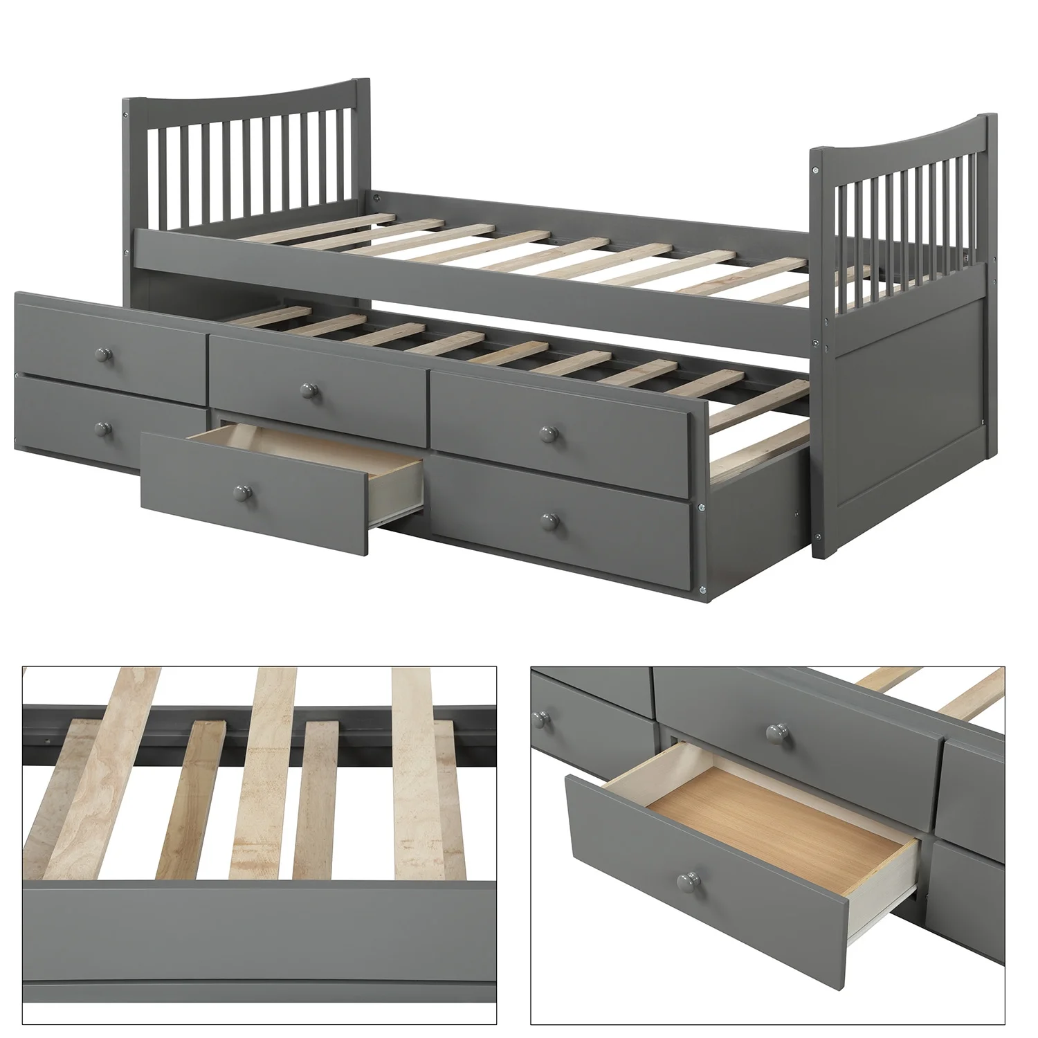 Wood Bed Captain's Bed Storage Twin Daybed with Trundle Bed and Storage Drawers Platform Bed Kids Bed
