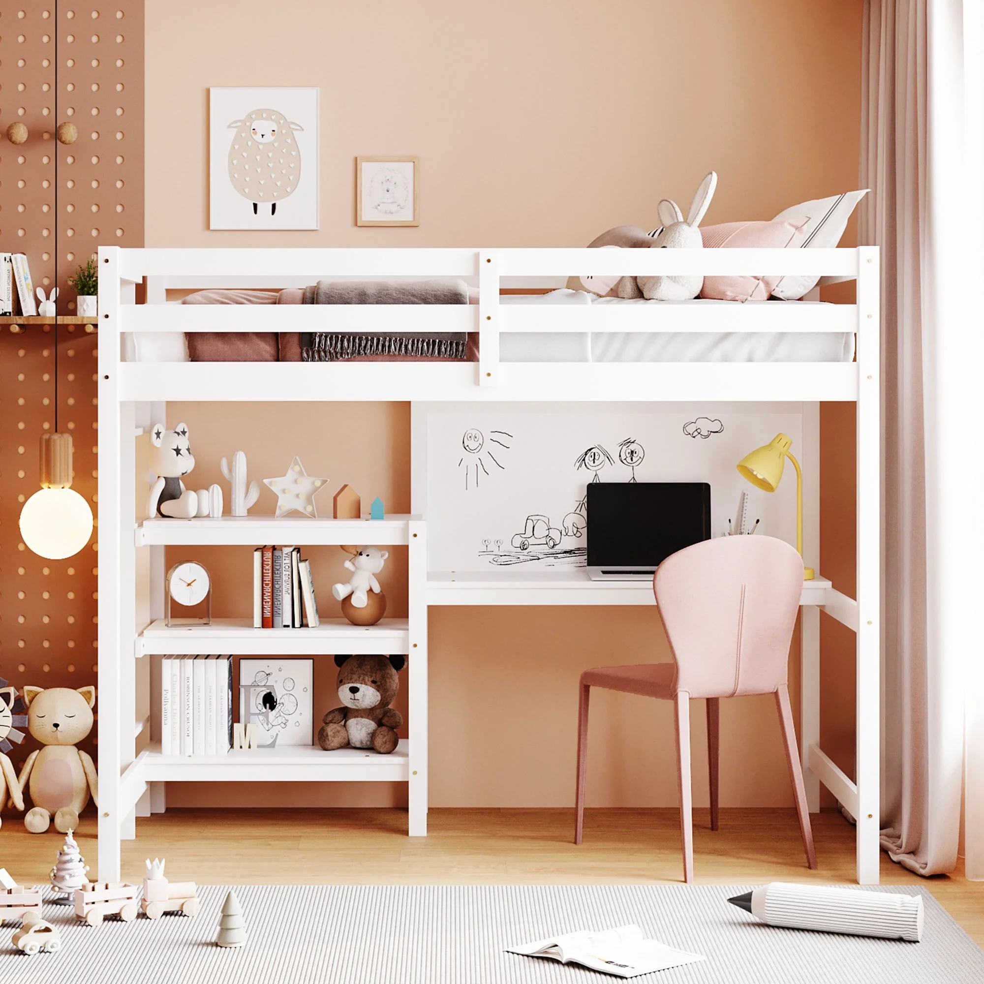 Wood Loft Bed with Desk : Twin Size Loft Bed with 3-tier Shelves and Under Bed Desk Solid Wood Bed, White