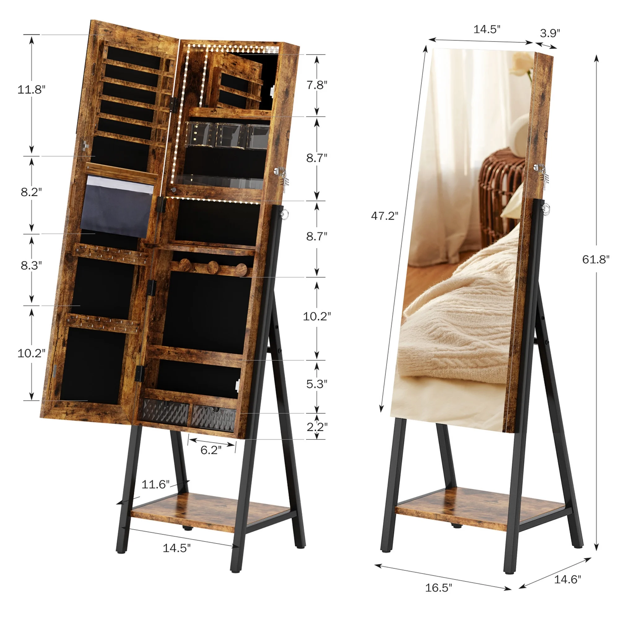 Soges Full Mirror with Stand, Cheval Mirror Cabinet, Full Length Dressing Floor Mirror with LED light Belt,Brown