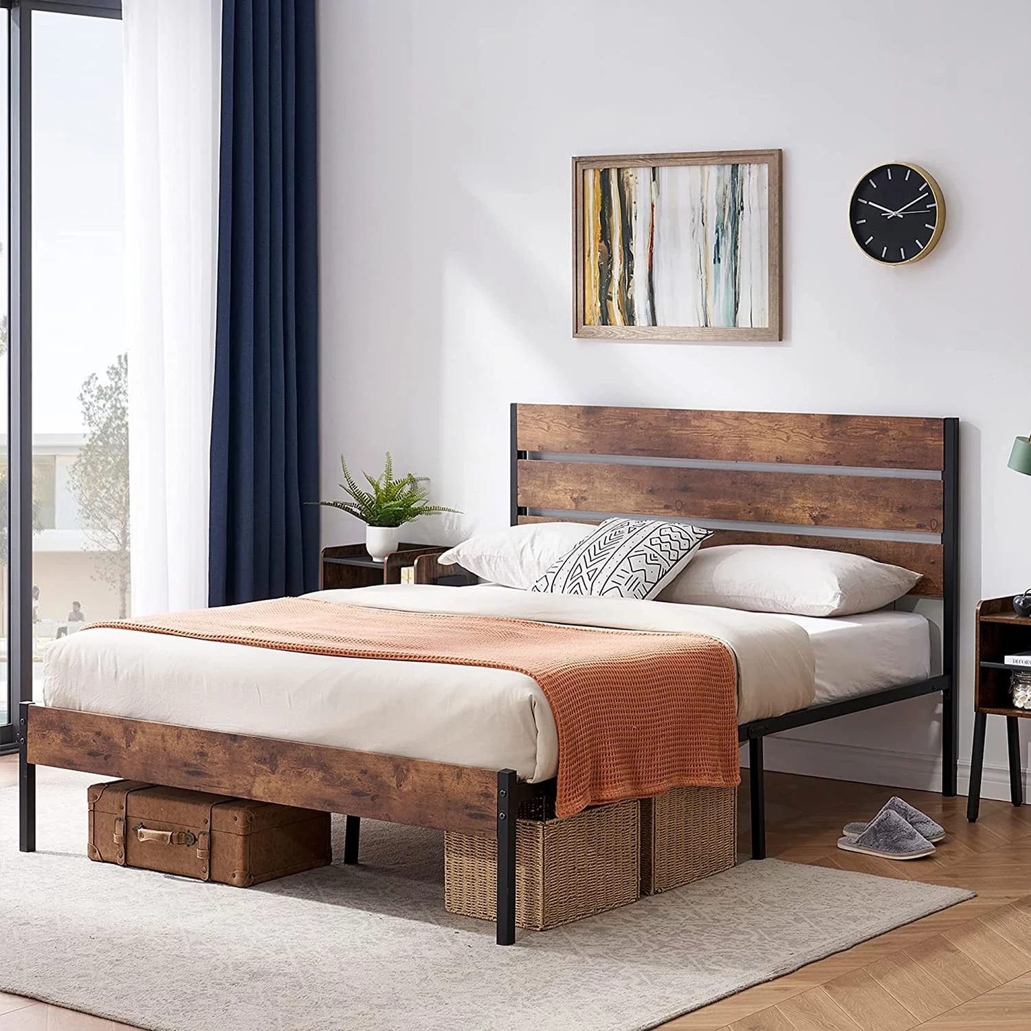 WAGEE Platform Queen Bed Frame with Rustic Vintage Wood Headboard and Footboard, No Box Spring Needed & Nightstand Set of 2, Modern Bedside End Tables, Night Stands for Bedroom, Brown