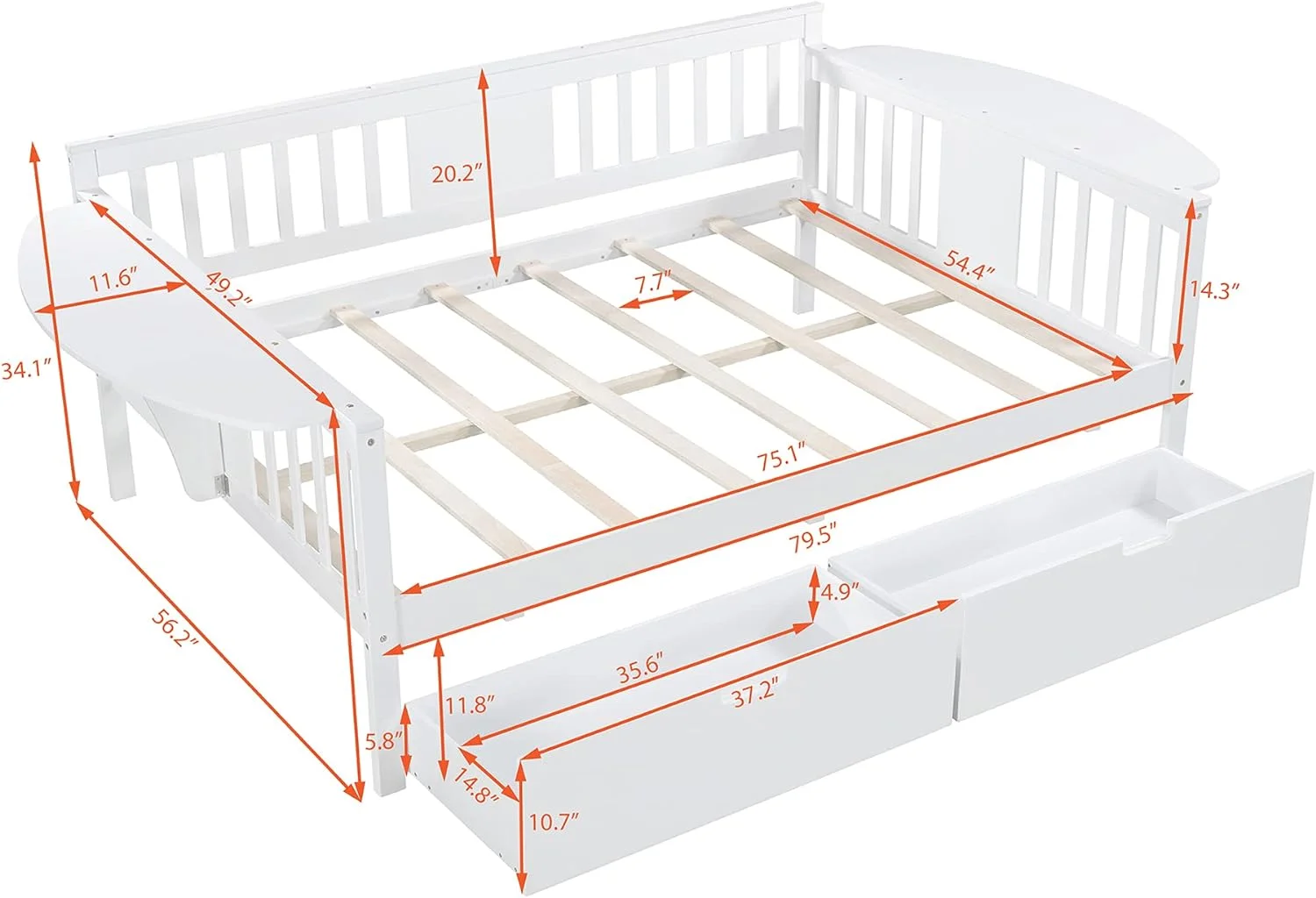 Daybed Wih wo Drawers, Wood Full Size Sofa Bed Frame Wih Small able, Sorage Daybed For Bedroom, Livig Room (Whie,Full Wih Drawers)