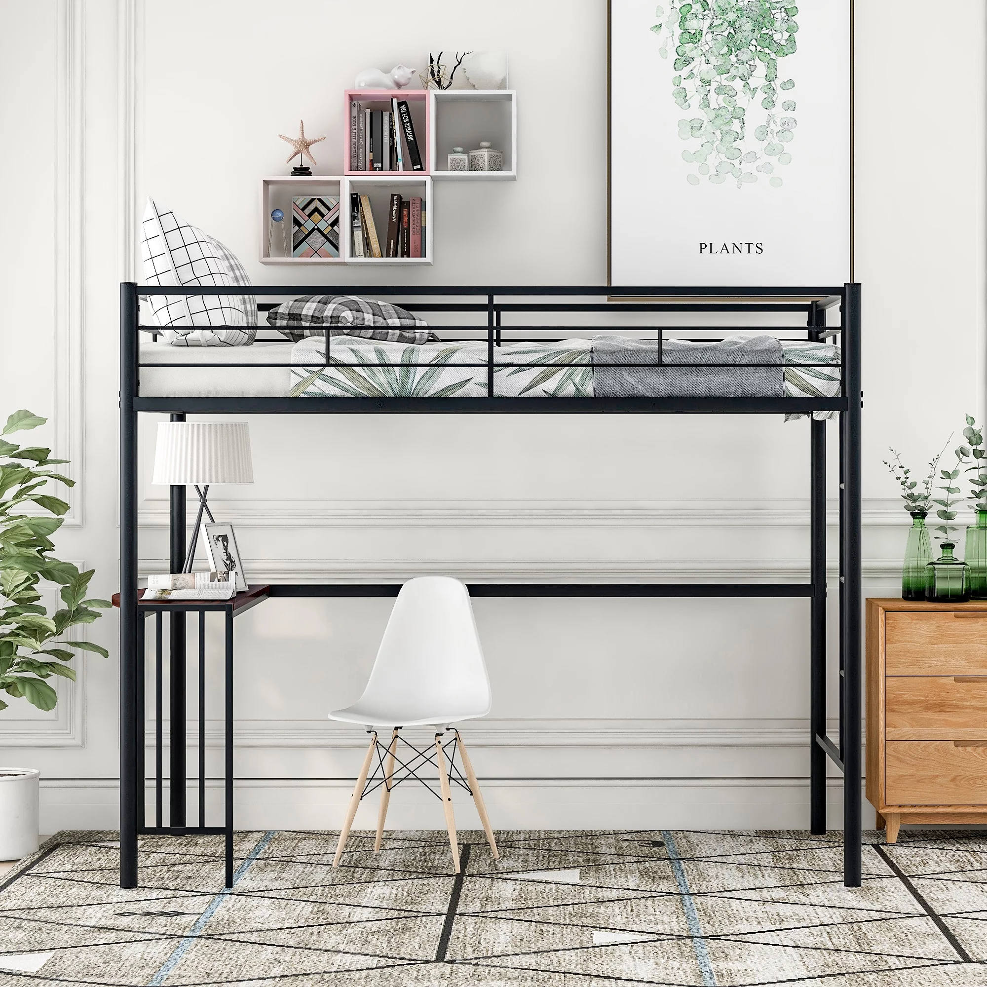 Dcenta Twin Metal Bunk Bed with Desk, Ladder and Guardrails, Loft Bed for Bedroom, Black