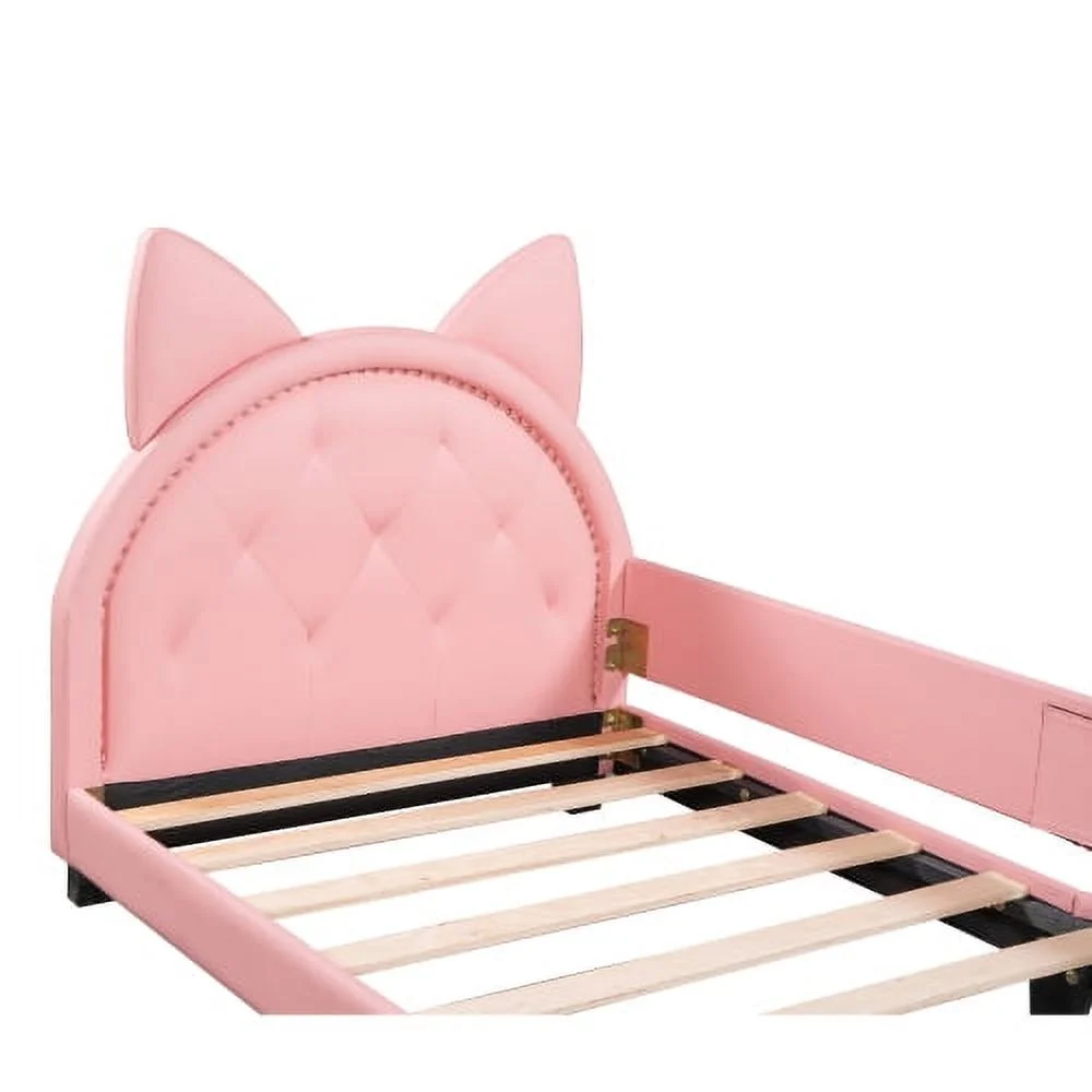 Motent Twin Size Upholstered Daybed with Carton Ears Shaped Headboard, Modern Mattress Foundation,Strong Wood Slat Support, Easy Assembly, Pink