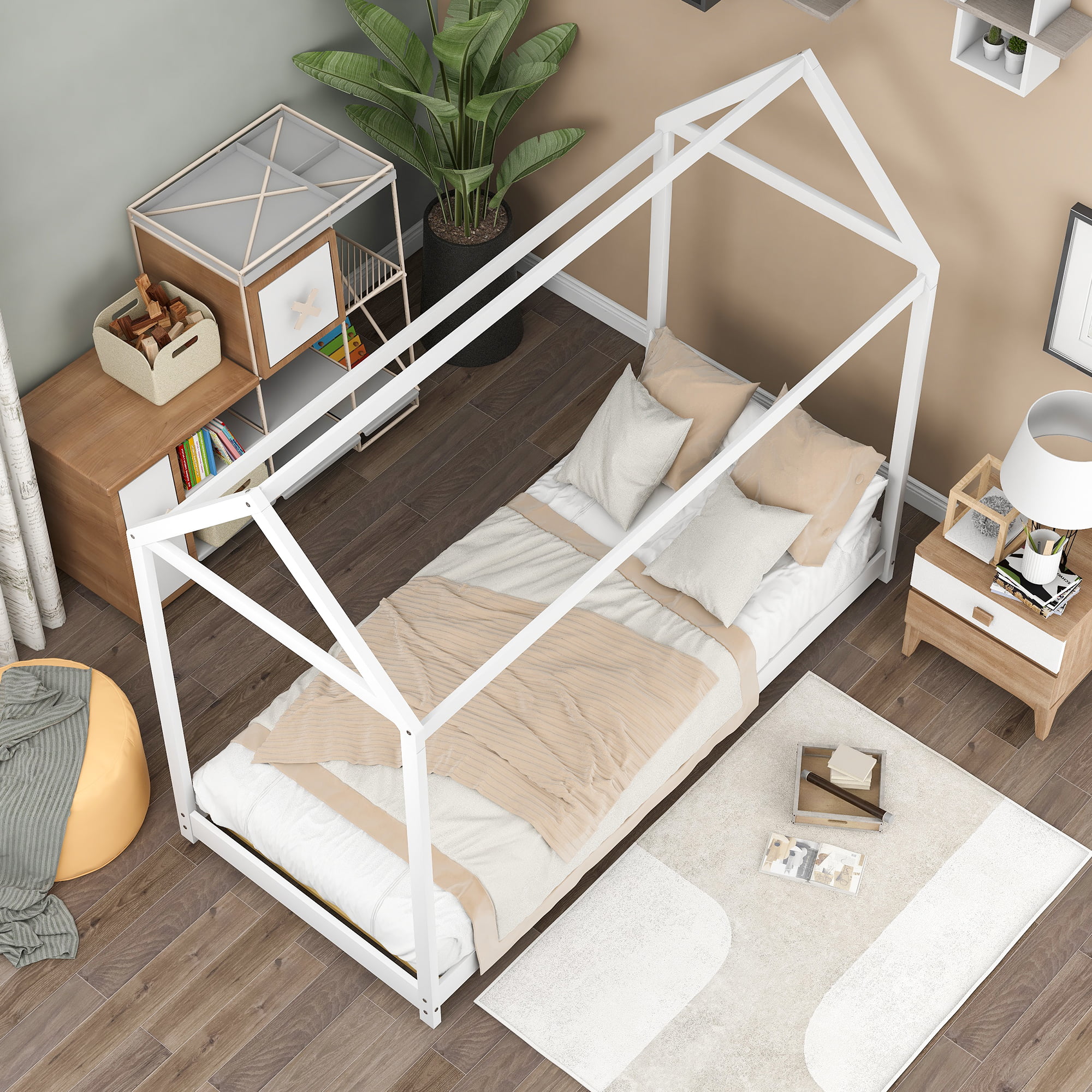 Bedroom Twin Size Furniture Children Toddler House Bed Frame Twin Size Tent Bed Floor Bed for Kids, Teens, Girls, Boys