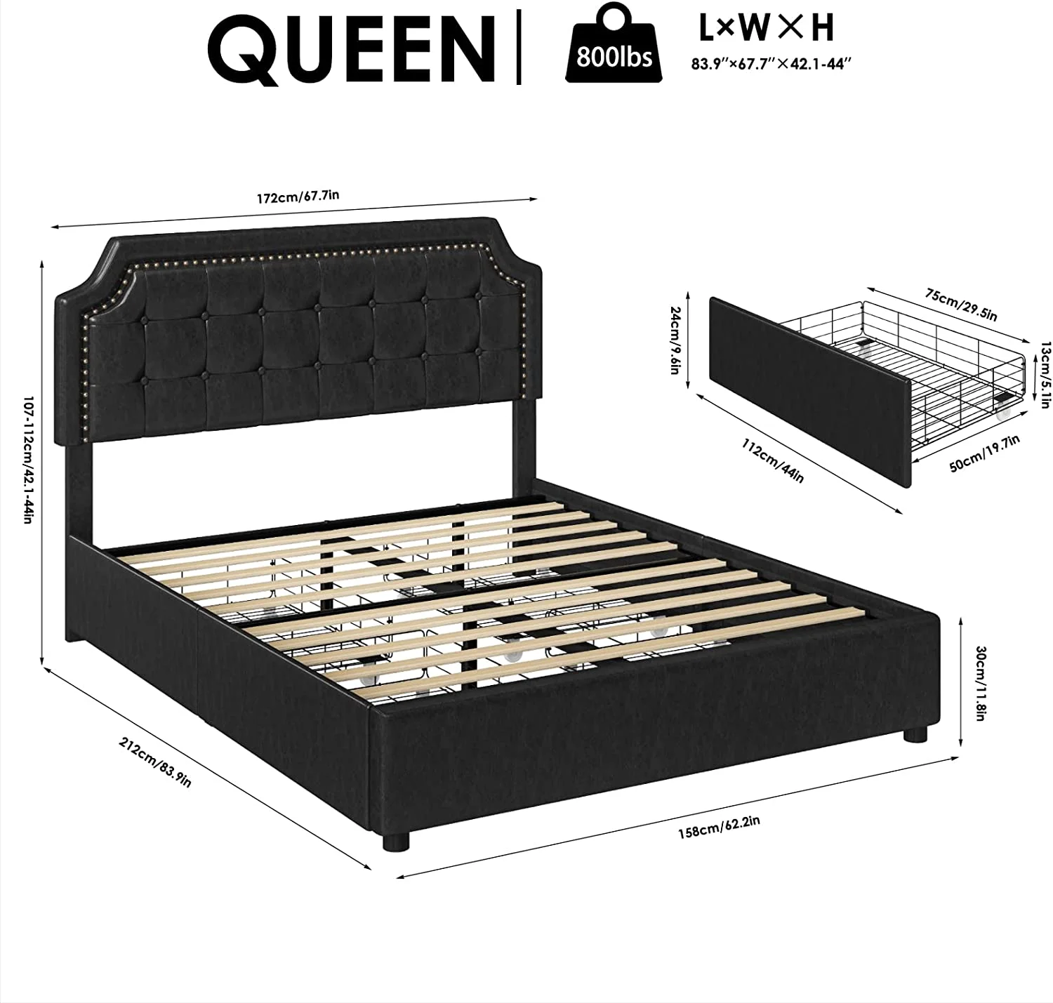 Upholstered Queen Bed Frame with 4 Storage Drawers, Platform Bed with Curved Button Tufted Headboard with Nailhead Trim, Solid Wooden Slats Support, No Box Spring Needed, Black