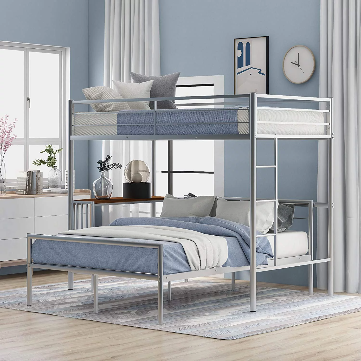 Over Full Meal Buk Bed Wih Desk, L Shaped Buk Bed Wih Ladder Ad Qualiy Slas For Bedroom- Silver