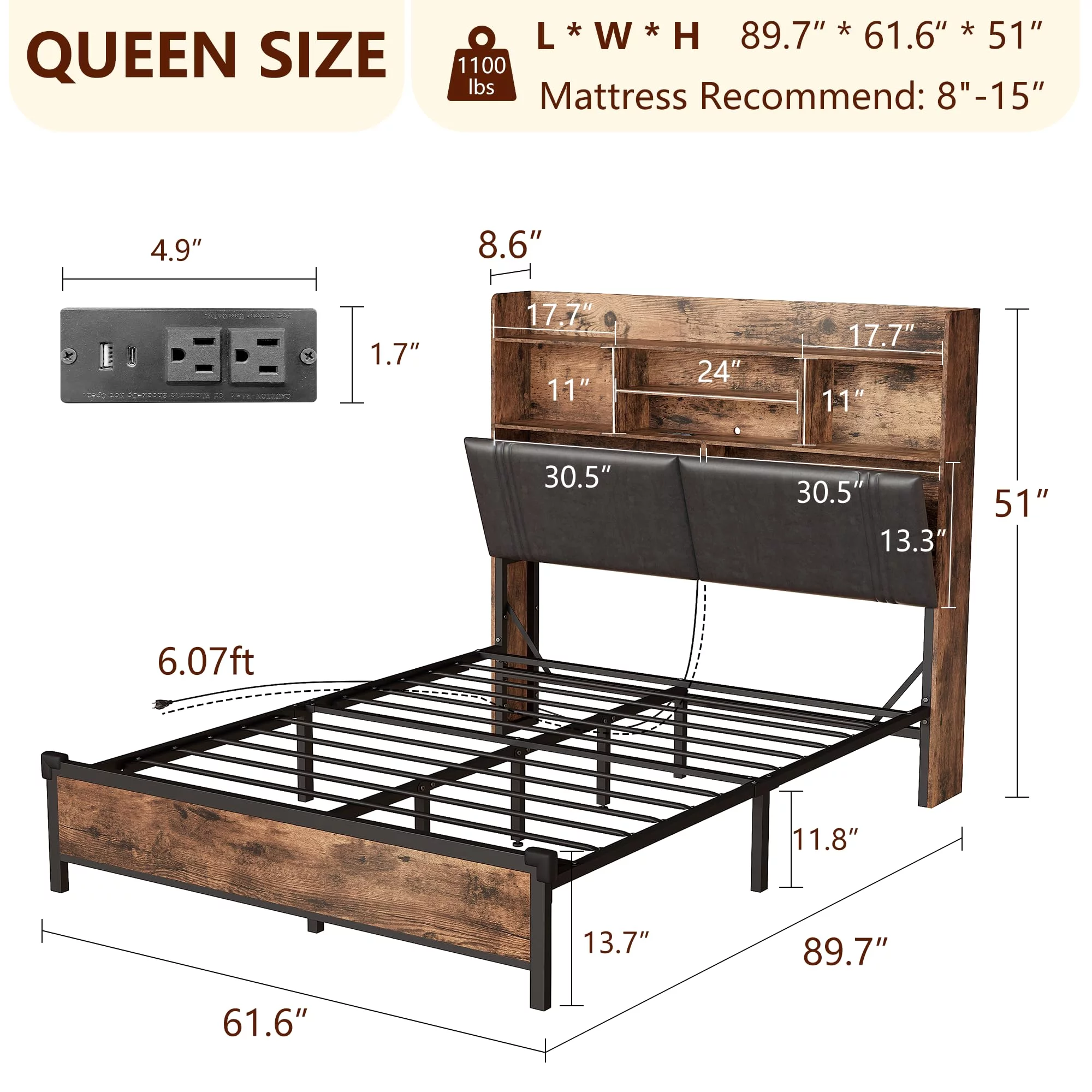 Alohappy Queen Bed Frame with Storage Headboard, LED Upholstered Platform Bed Frame with Charging Station, 51'' High Headboard Type-C & USB Ports, Heavy Duty No Box Spring Needed (Queen)