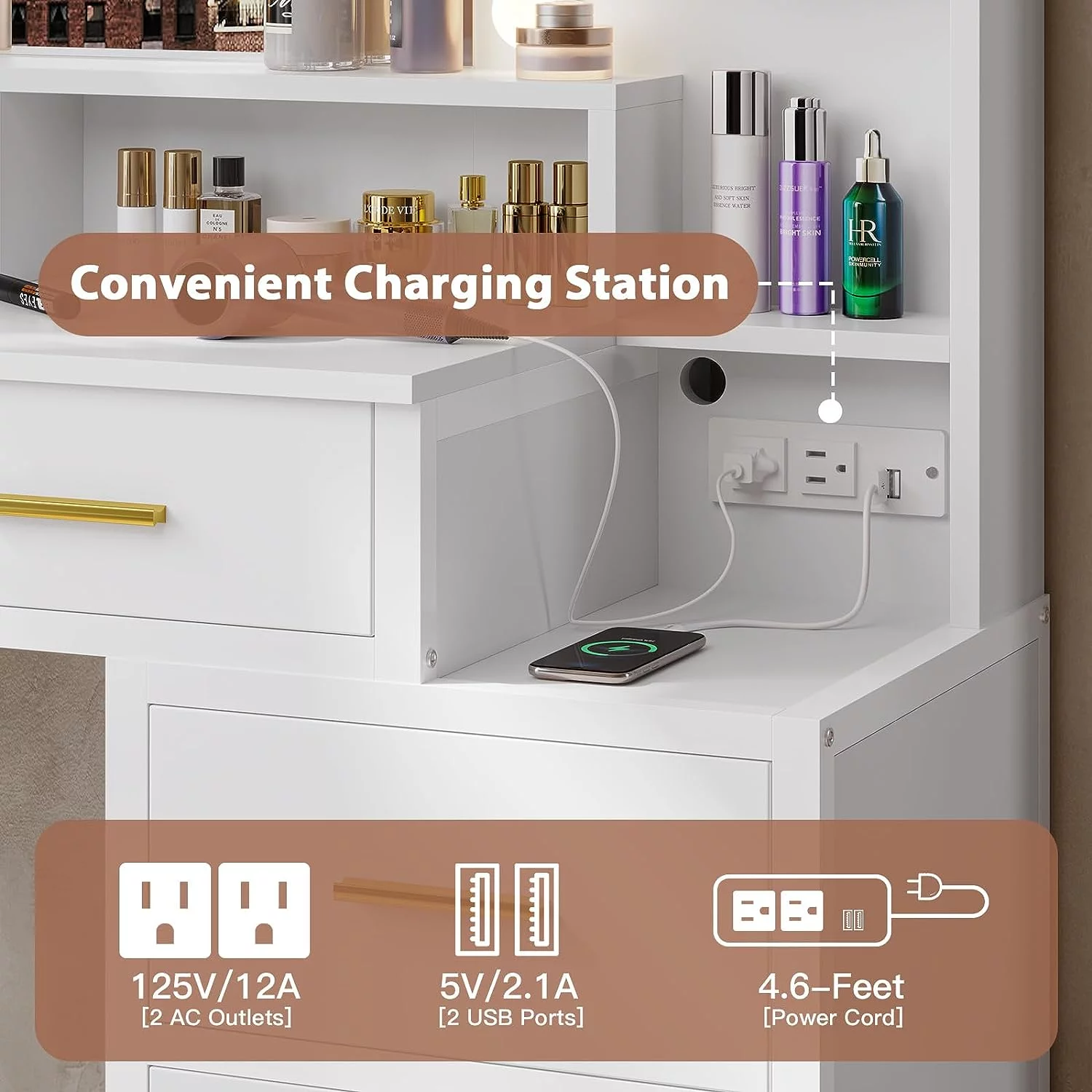 Tiptiper Vanity Desk, Makeup Vanity with Mirror and 10 LED Lights, 3 Lighting Modes, Makeup Table with 2 USB Ports and Outlets, Classic Black