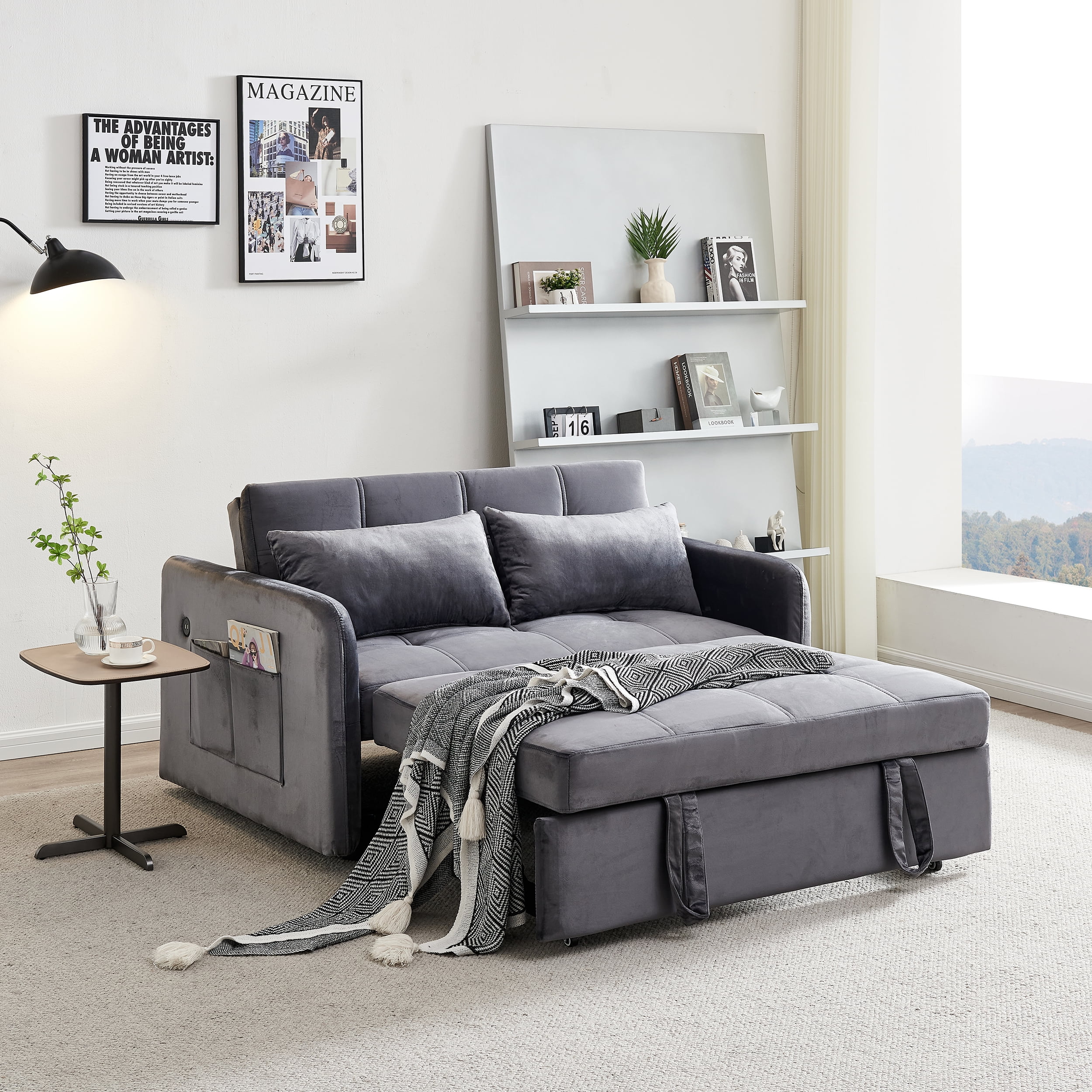 Modern Velvet Pull Out Convertible Sofa Bed, Folding Sleeper Couch Loveseat with Pillows and USB Port for Living Room Bedroom