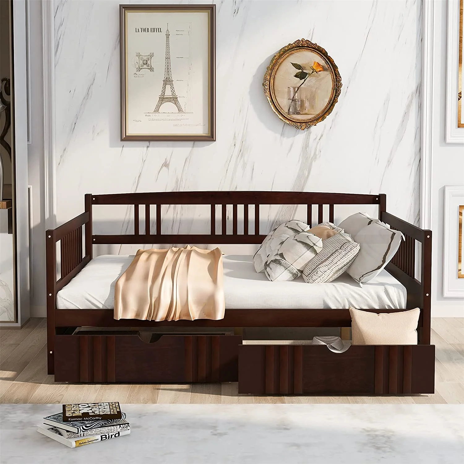Full Size Daybed Wih Sorage Drawers, Wood Daybed Frame Wih 2 Drawers, For Kids ees Guess. o Box Sprig eeded, Bedroom Livig Room Furiure (Espresso)