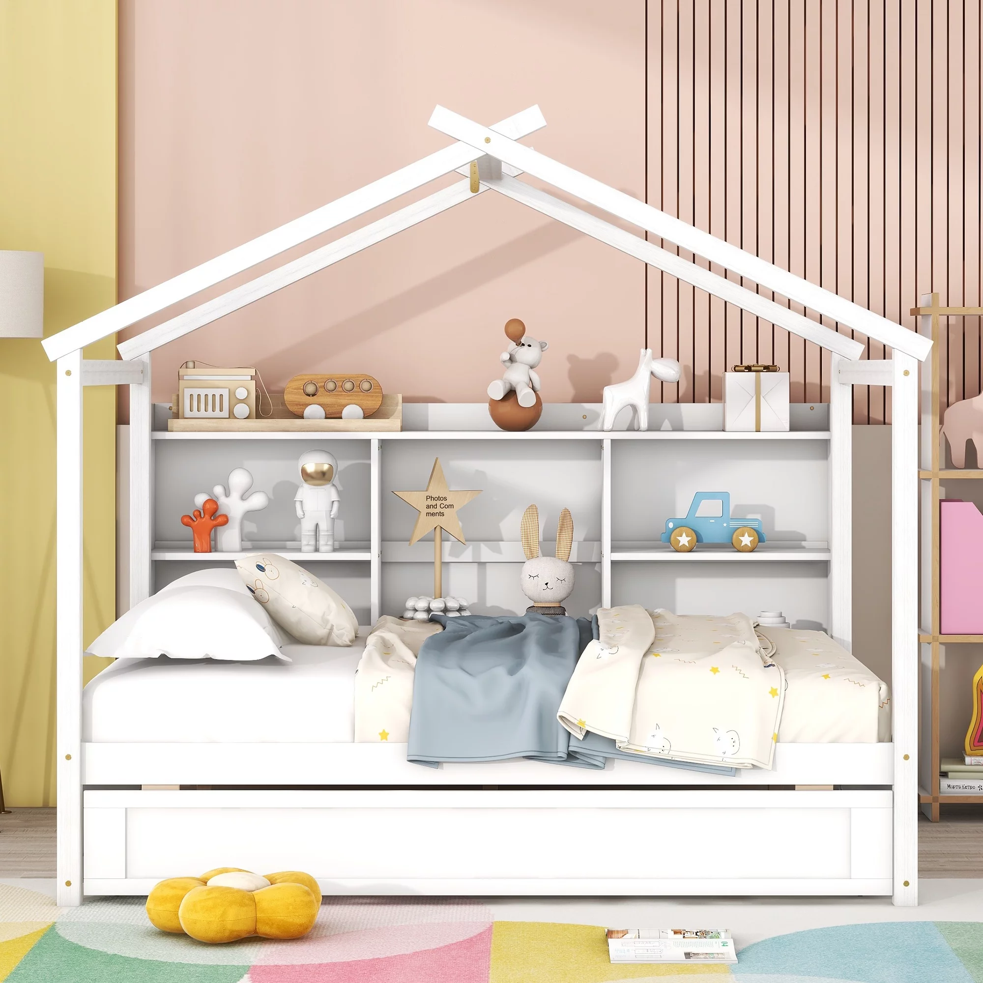Nestfair White Full Size Wood House Bed with Storage Shelves and Trundle