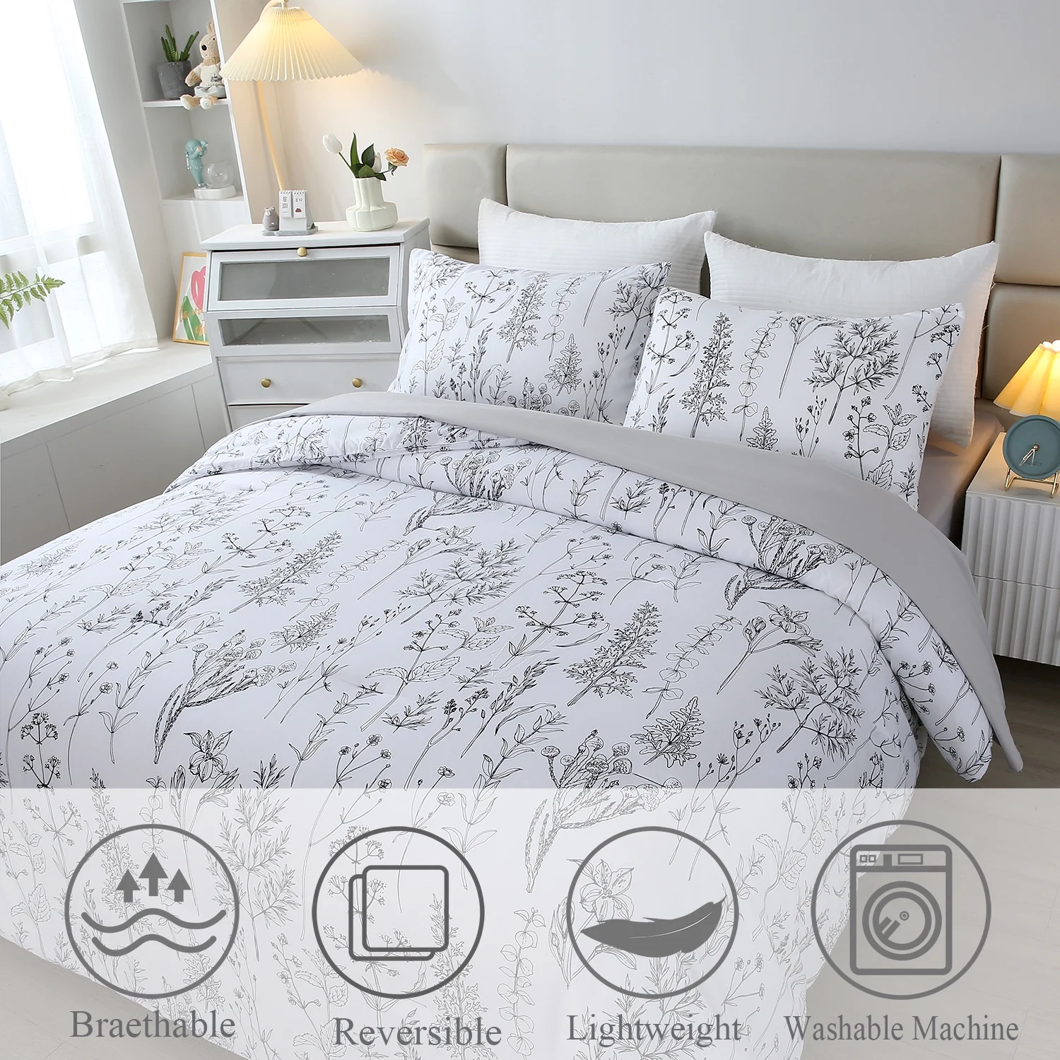 URBONUR 5 Pieces White King Size Bedding Sets Botanical Flower Bed in A Bag Printed Branches Bedding Sets King Floral Reversible Bed Sets for All Men Women