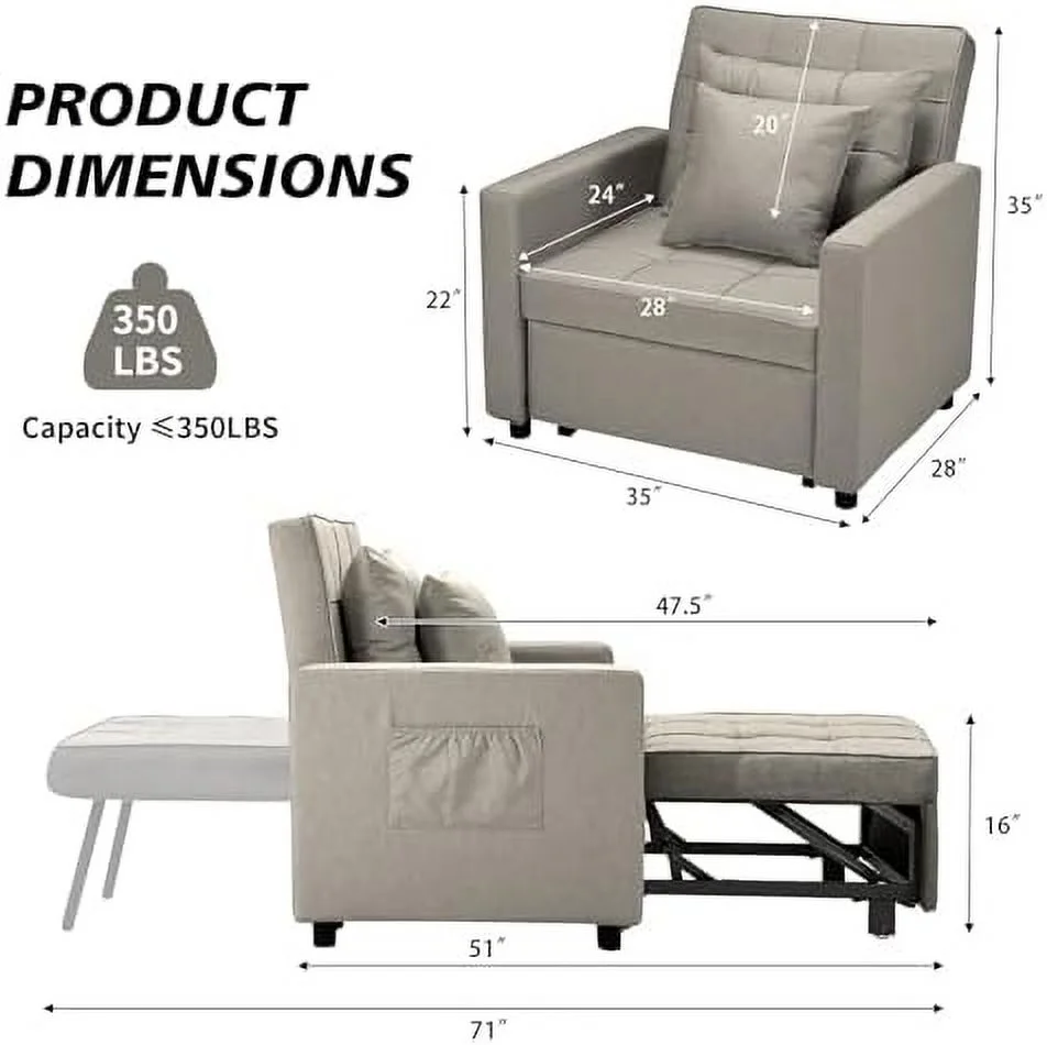 NLIBOOMLife Convertible Sofa Bed Sleeper Sofa with Adjustable Backrest Armchair Sofa Bed 3 in 1 Sleeper Chair Single One Yellow