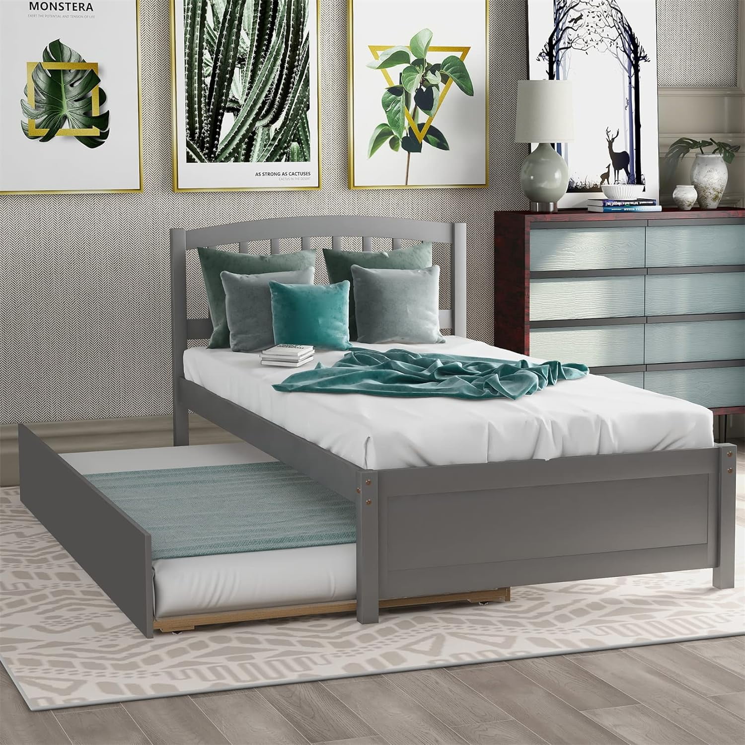 Bed Frame With Trundle Wooden Platform Bed With Headboard Solid Wood Captain Beds For Boys Girls Kids Teens, No Box Spring Needed, Gray