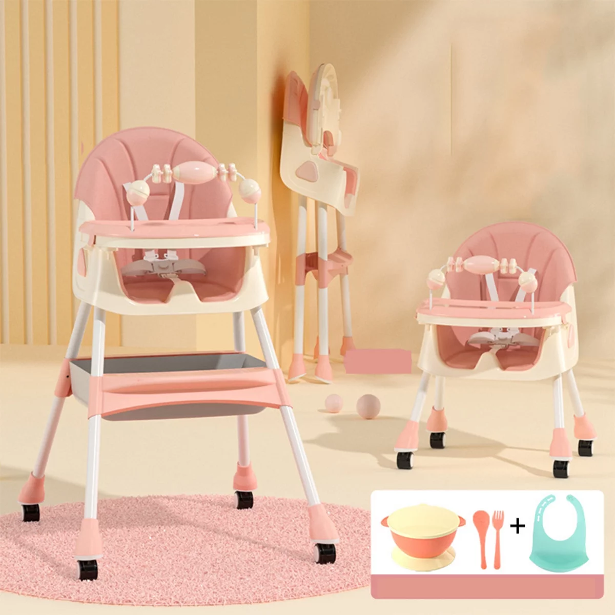 YANAOFFE Baby High Chair 4-in-1 Convertible Baby Highchair with Double-Layer Tray and Toy, Pink