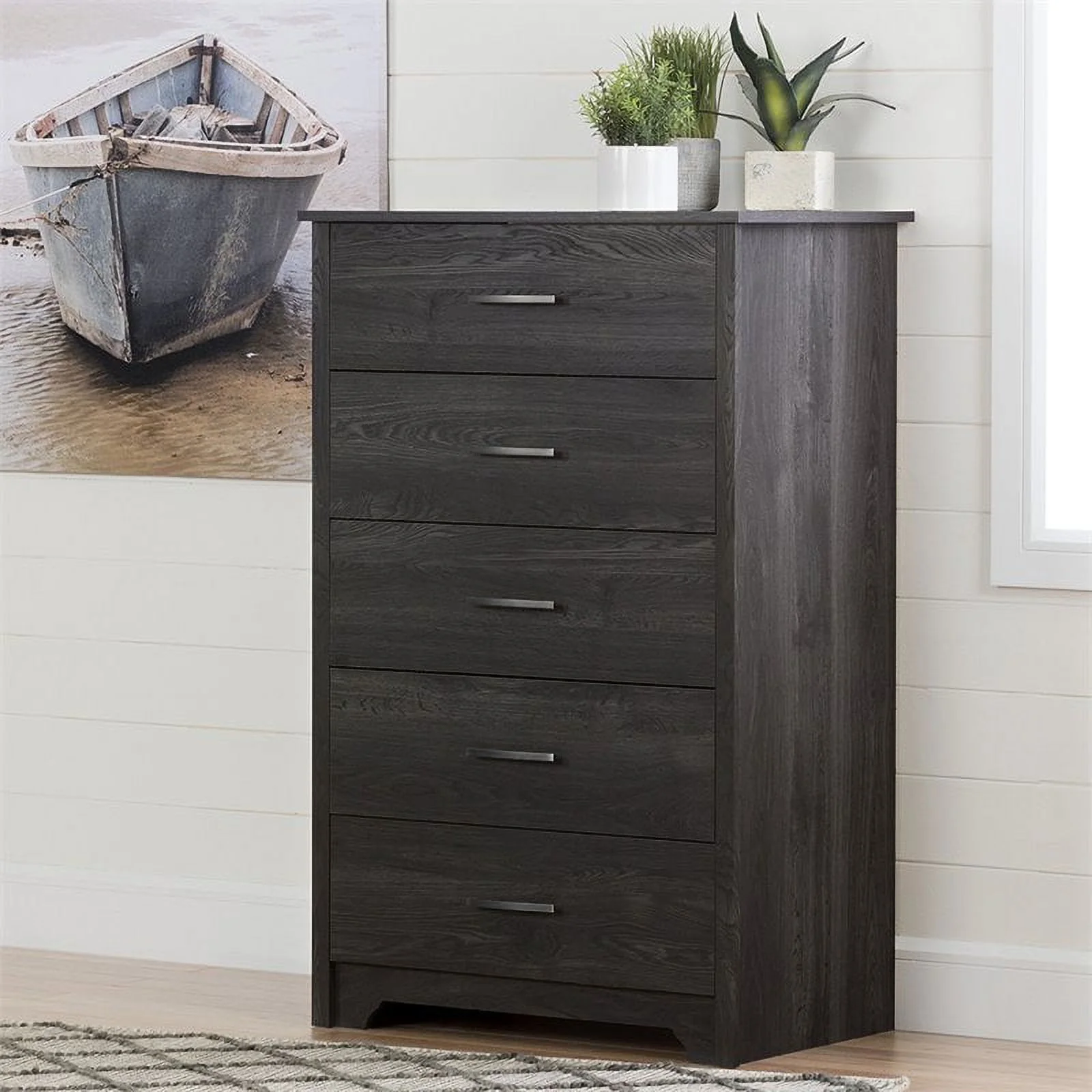 Pemberly Row Contemporary 5-Drawer Particleboard Wood Chest in Gray Oak