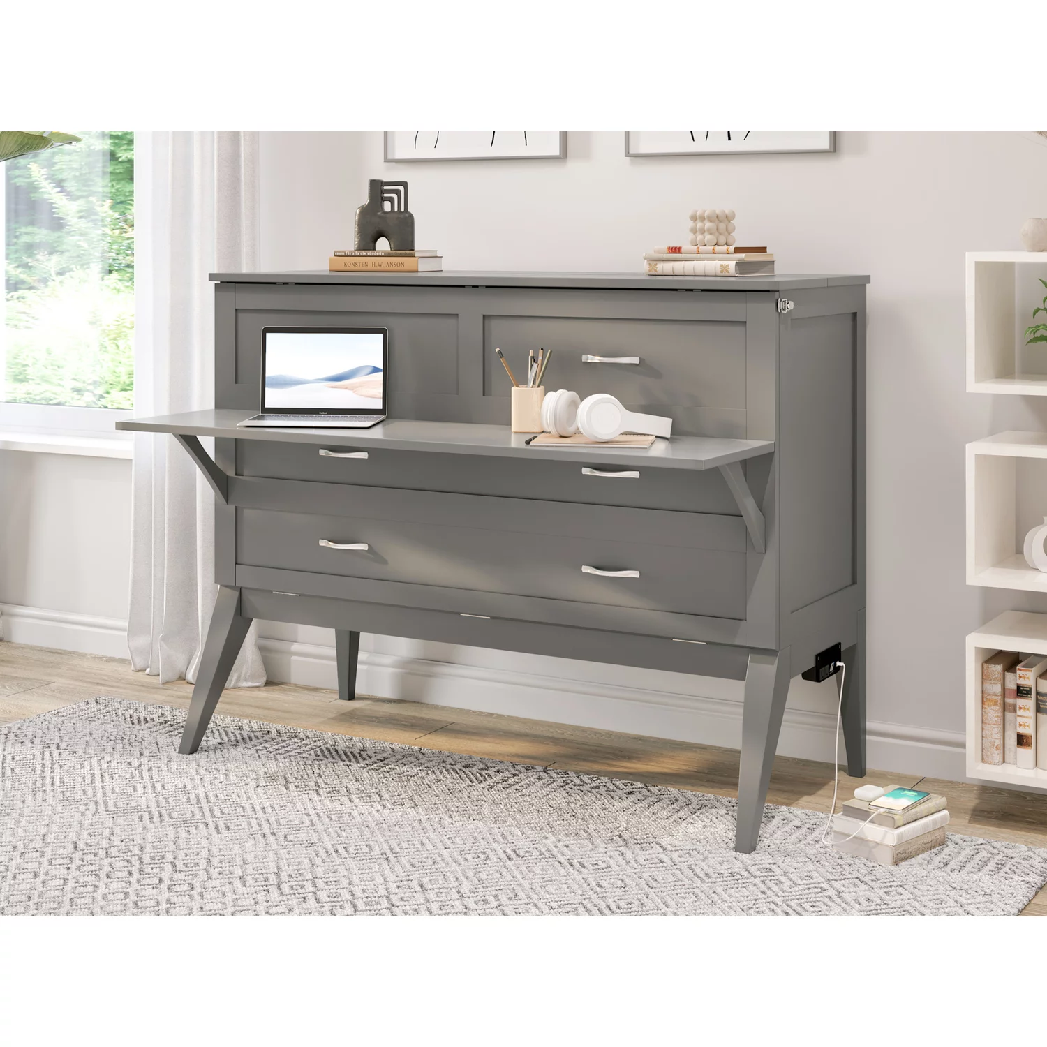 Northampton Solid Wood Frame Full Size Murphy Bed Desk with Mattress in Gray