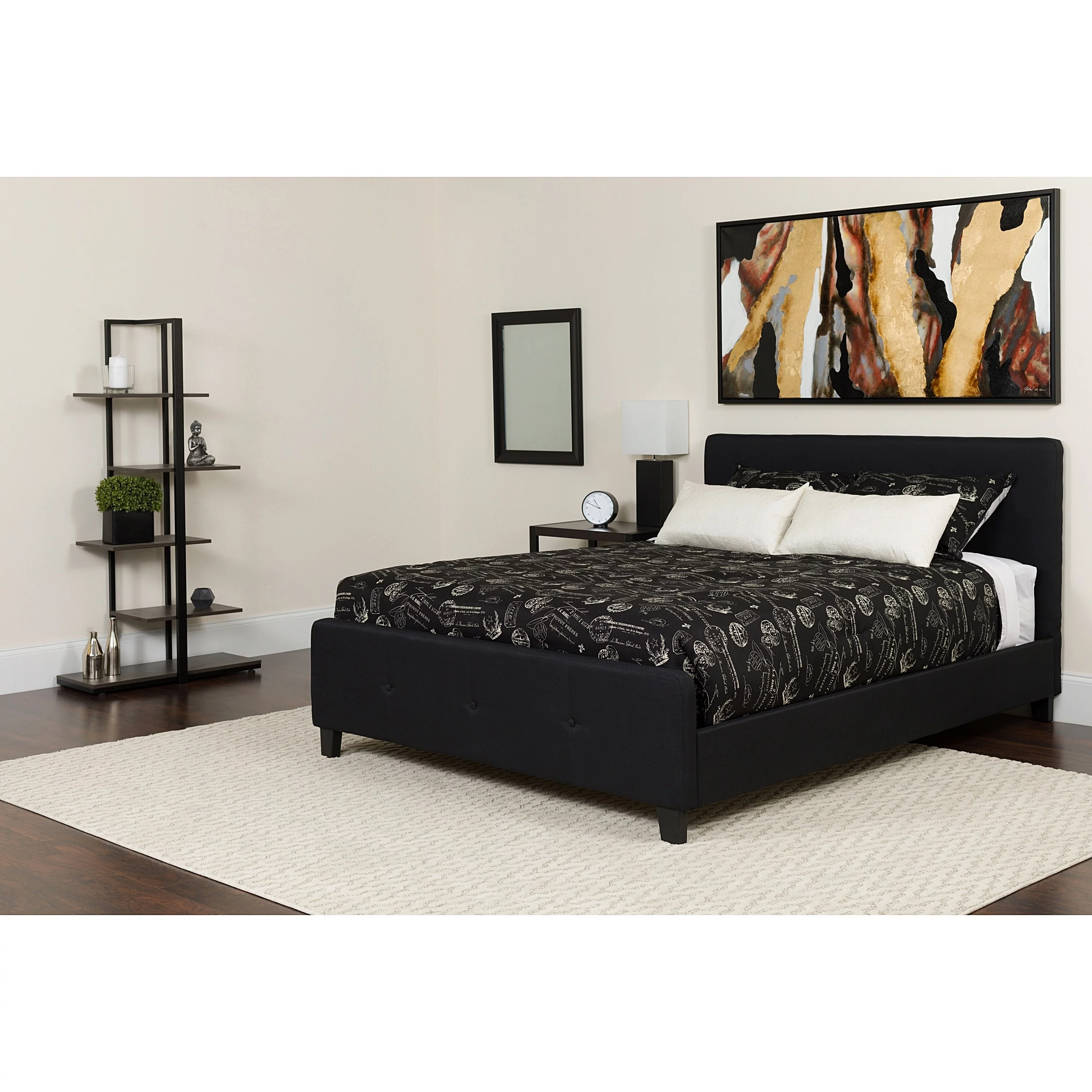 BSD National Supplies Elmira Full Size Black Fabric Platform Bed with Button Tufted Headboard