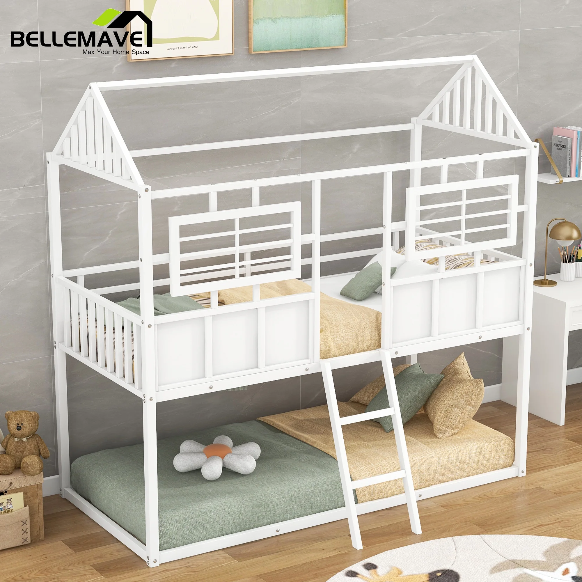 Bellemave White Twin over Twin Size Metal Bunk Bed with House Roof and Fence-shaped Guardrail for Kids Adult Child, Low Height Twin Size Kids House Bunk Bed with Inclined Ladder for Bedroom