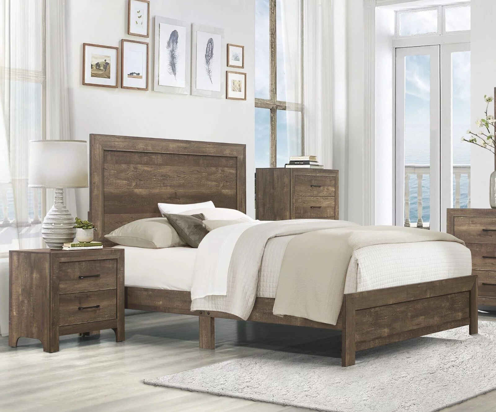 Rustic Brown Finish 3pc Bedroom Set Full Size Bed 2x Nightstands Simple Look Bedroom Furniture