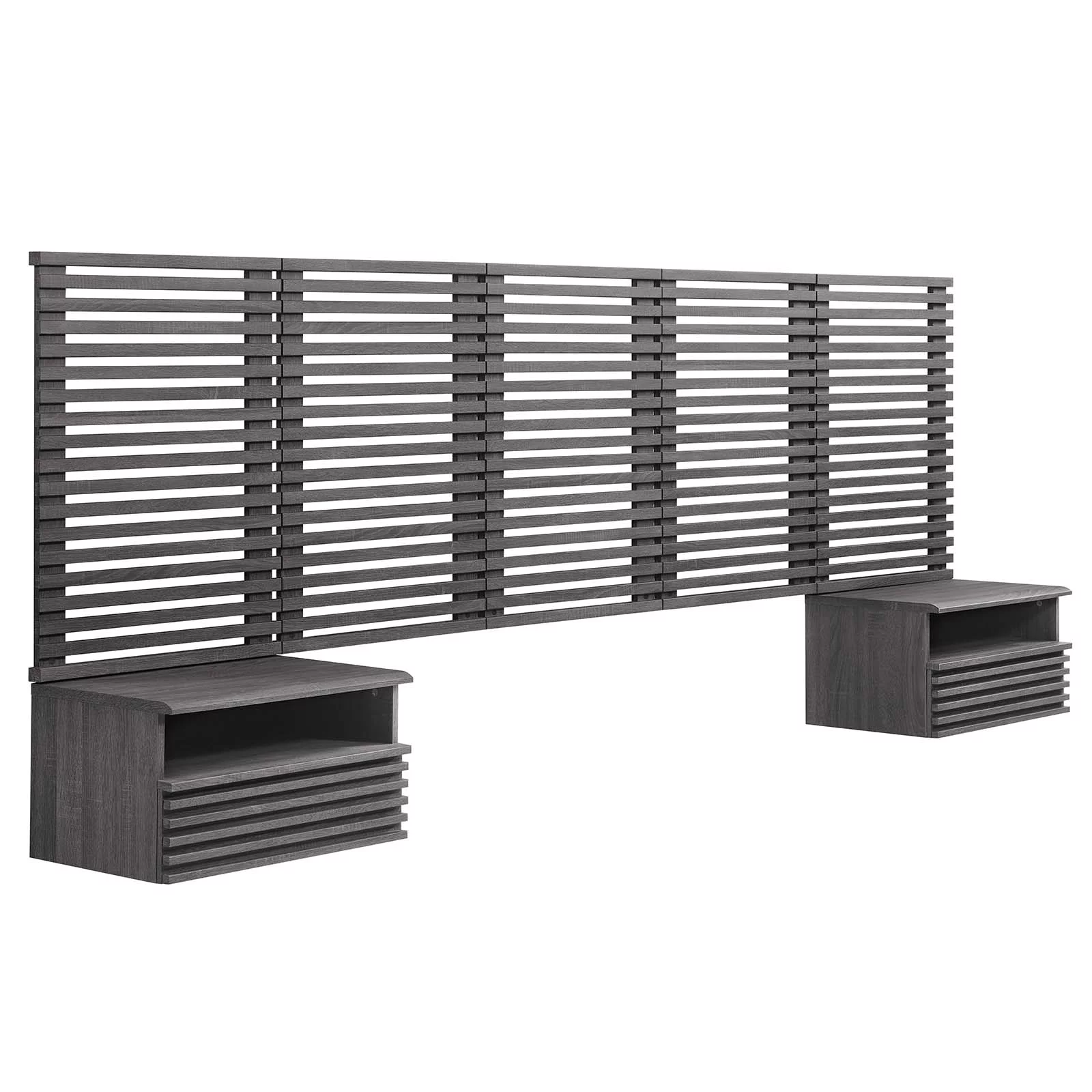 Modway Render Wall Mount Queen Headboard and Modern Nightstands in Charcoal