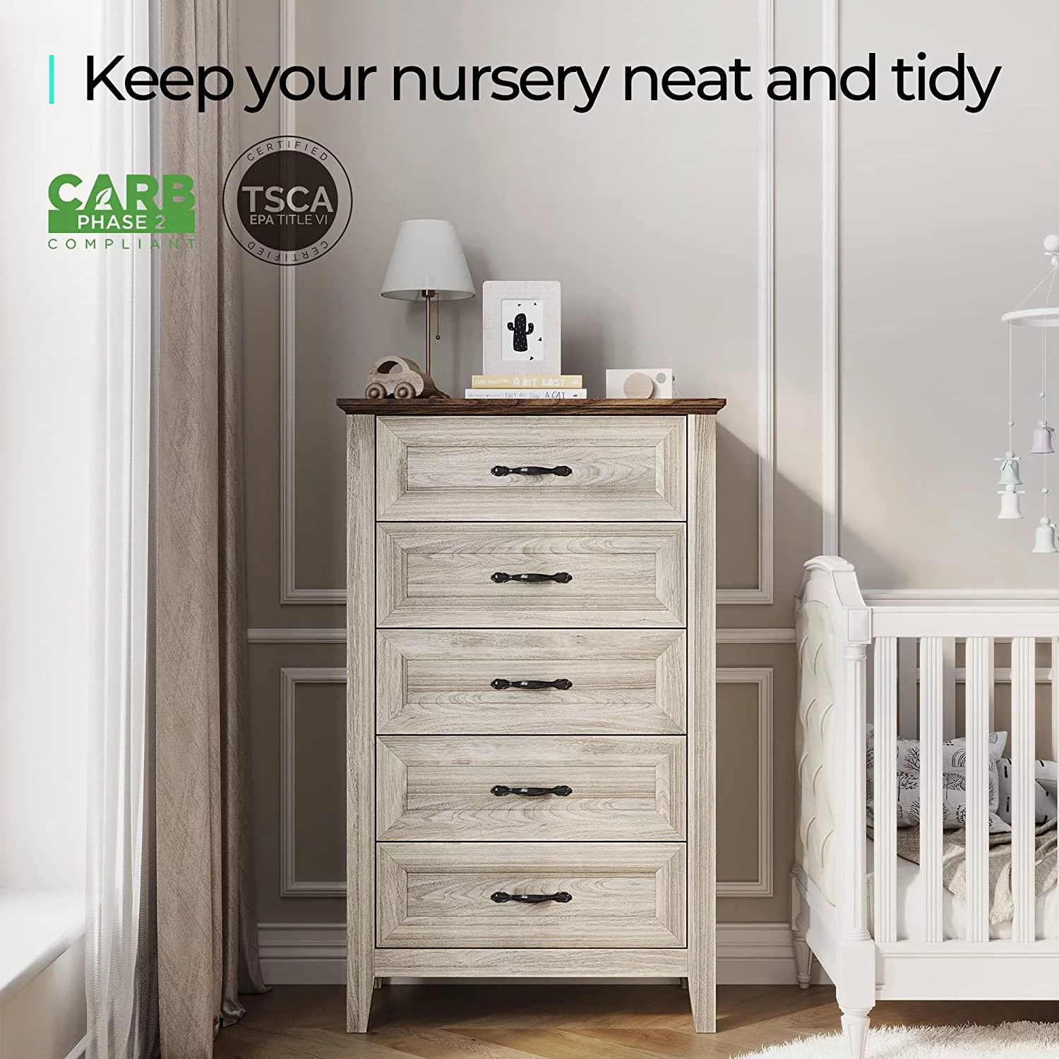 Beige Dresser for Bedroom, 5 Drawer Dresser with Metal Handles, Chest of Drawers, Tall Dresser for Living Room, Entryway, and Closet