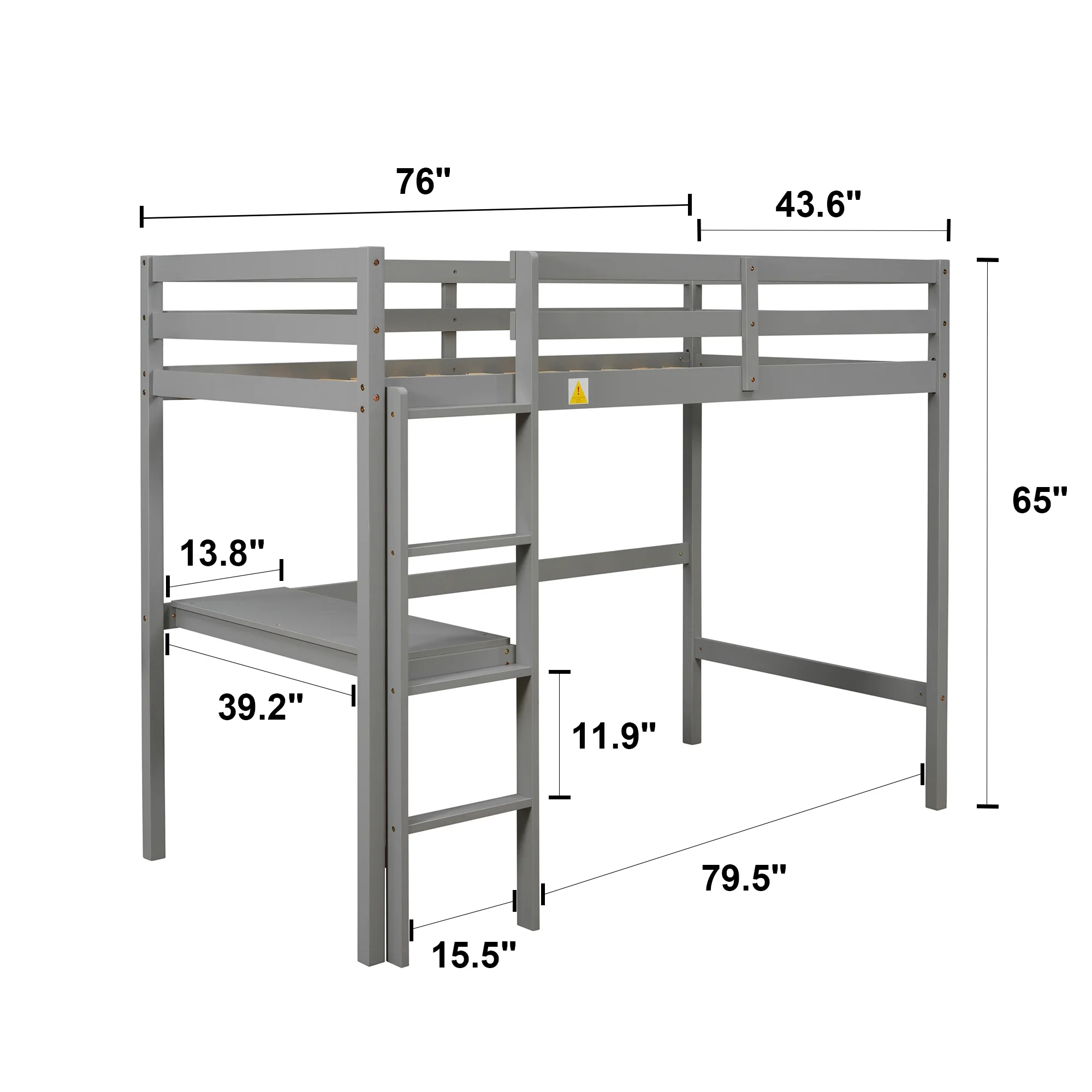 FSTAR Wood Loft Bed with Desk : Twin Size Loft Bed with Under-Bed Desk Solid Wood Bed, Gray